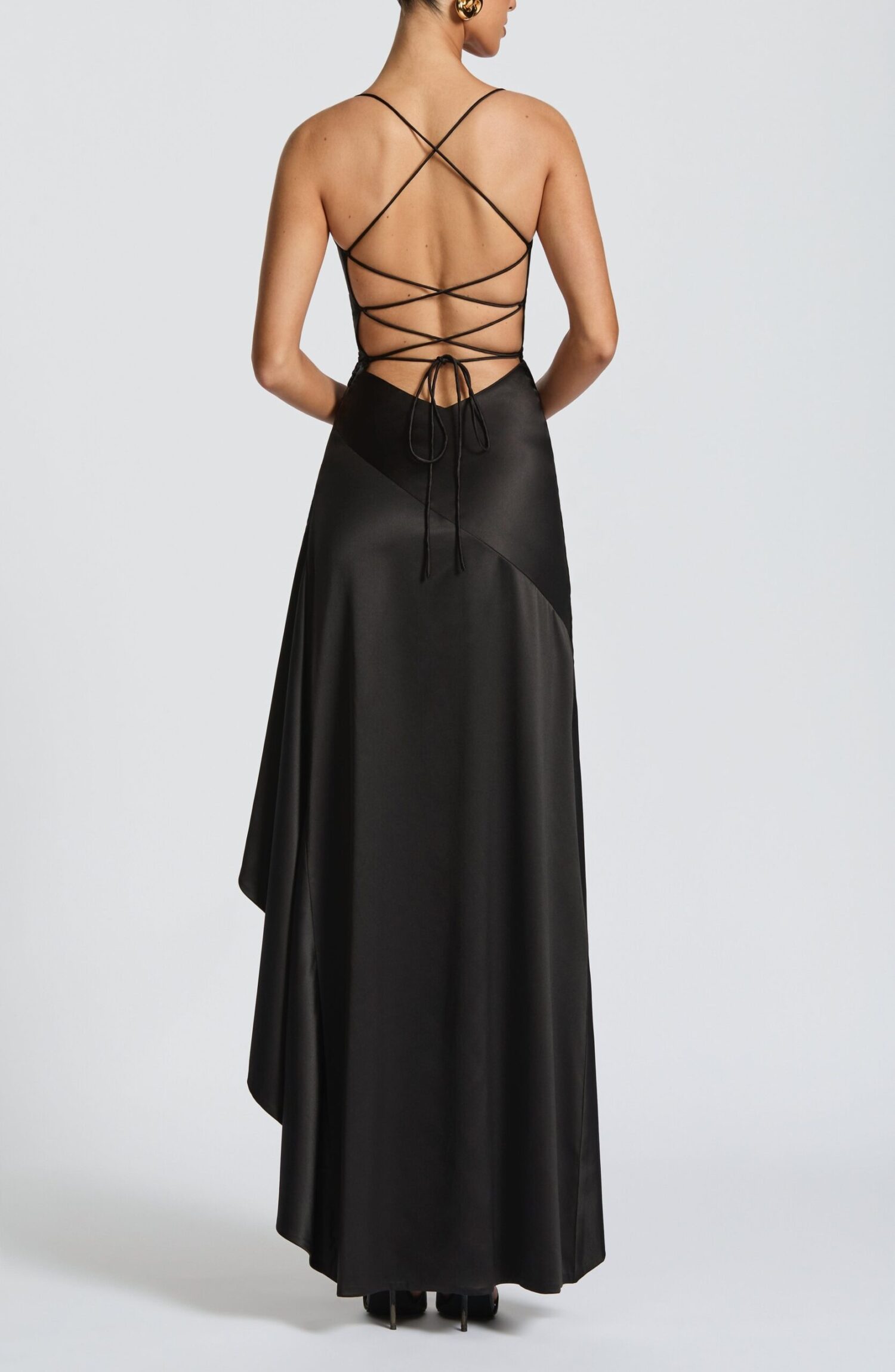 Black Maxi Dress - Stretch Satin, Cowl Neck, Lace-Up Back, High-Low Hem - Image 4