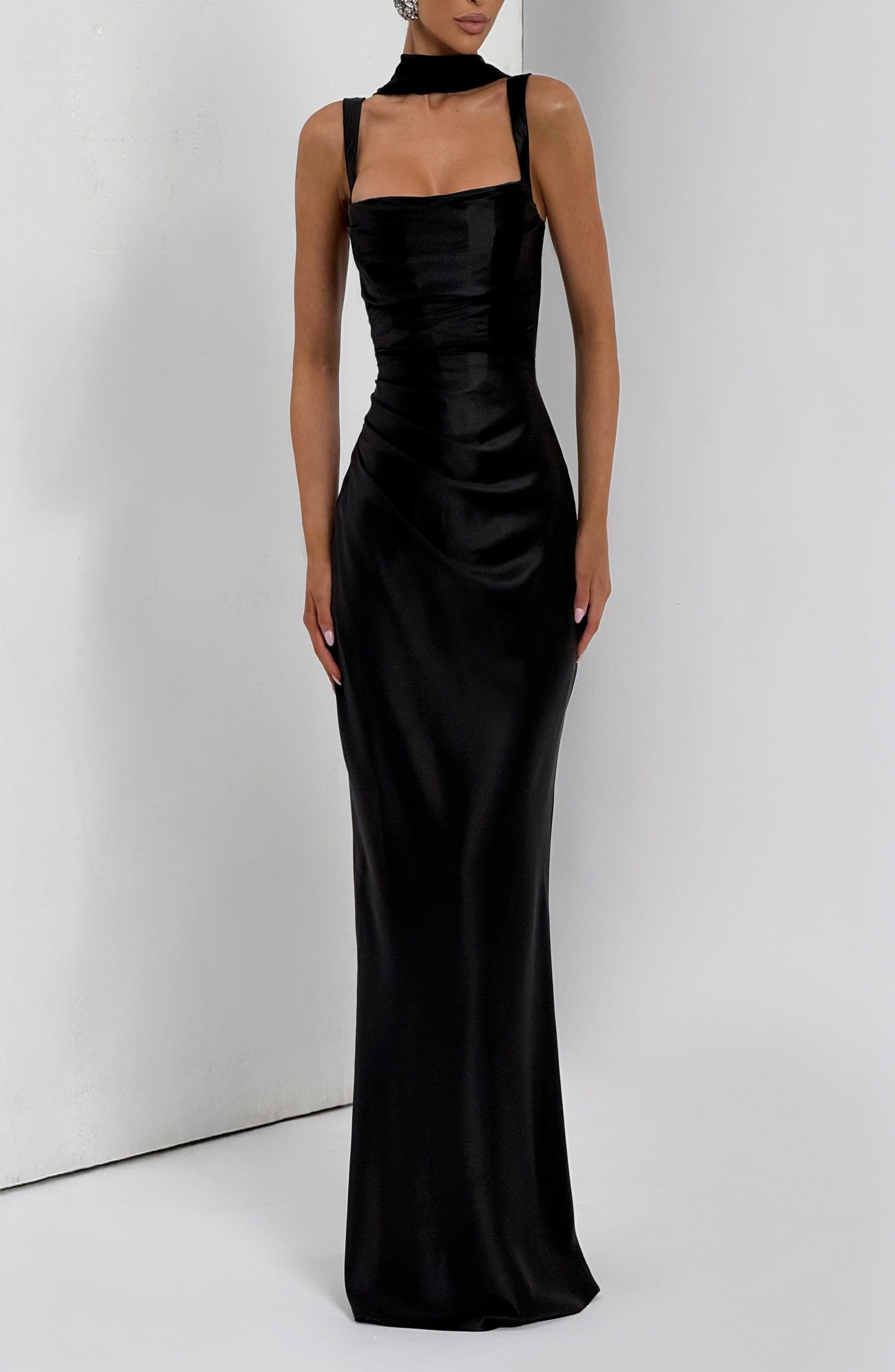 Black Satin Maxi Dress with Square Neckline & Lace-Up Back - Image 7
