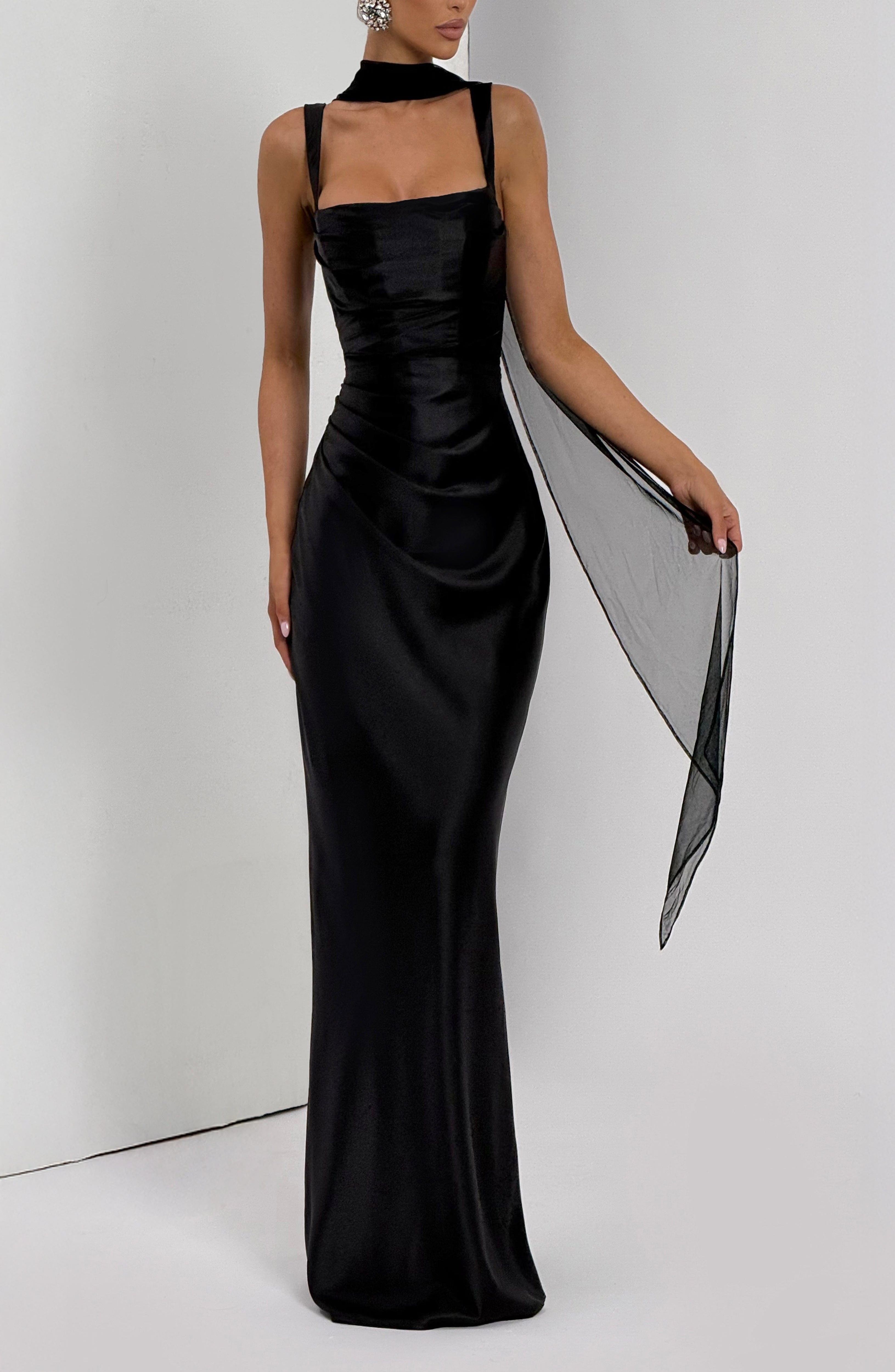 Black Satin Maxi Dress with Square Neckline & Lace-Up Back - Image 6