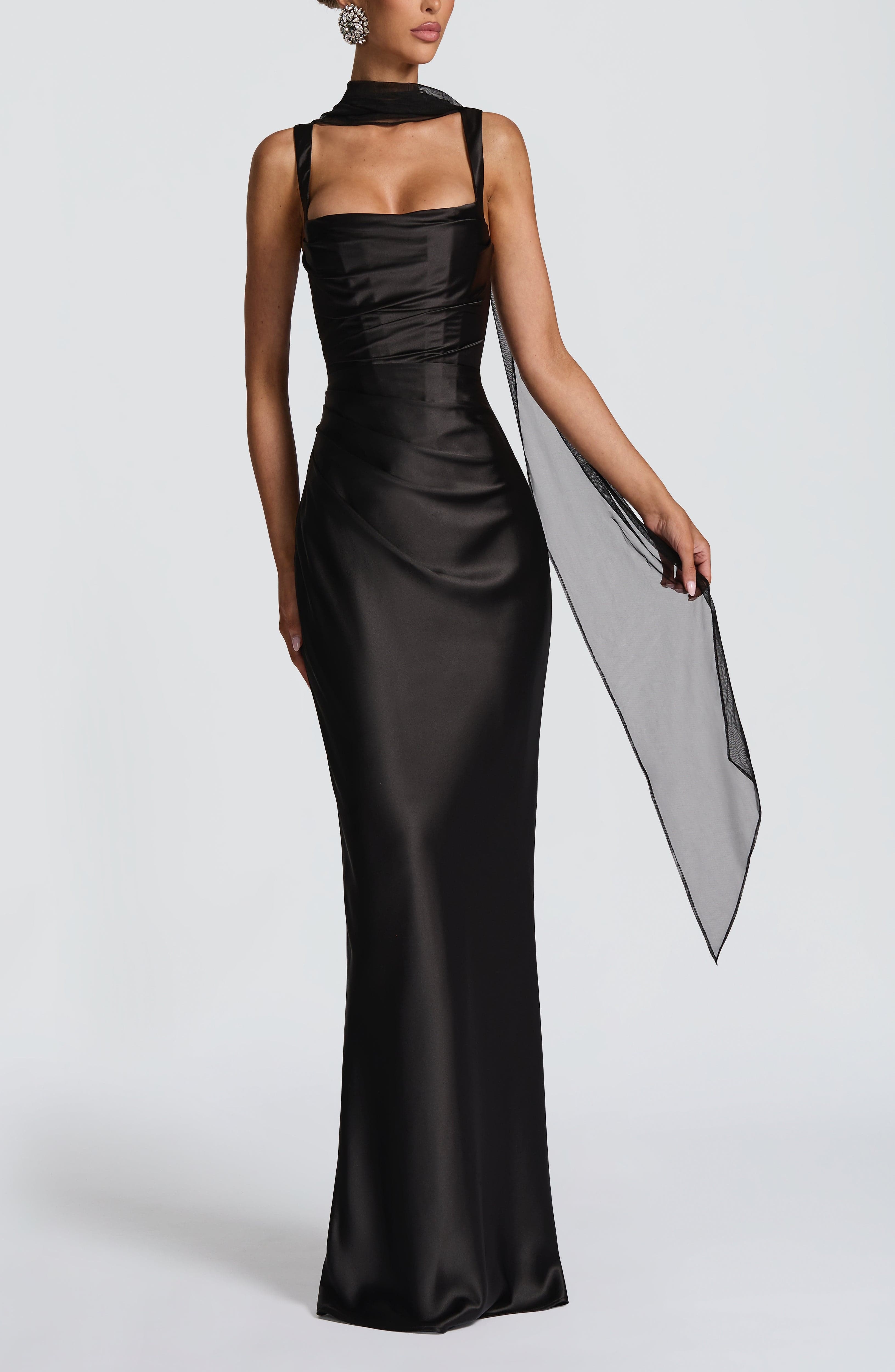 Black Satin Maxi Dress with Square Neckline & Lace-Up Back