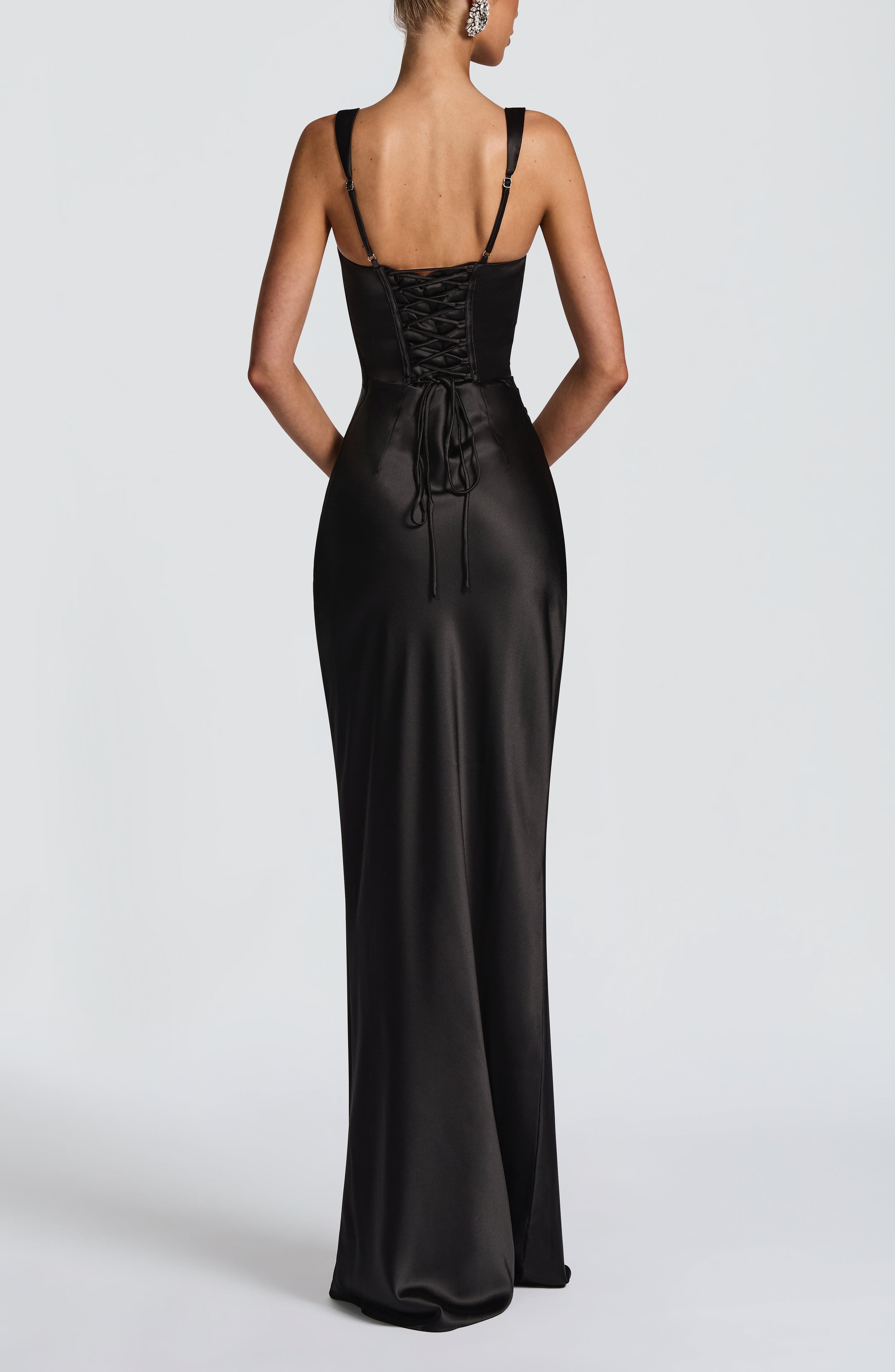 Black Satin Maxi Dress with Square Neckline & Lace-Up Back - Image 3
