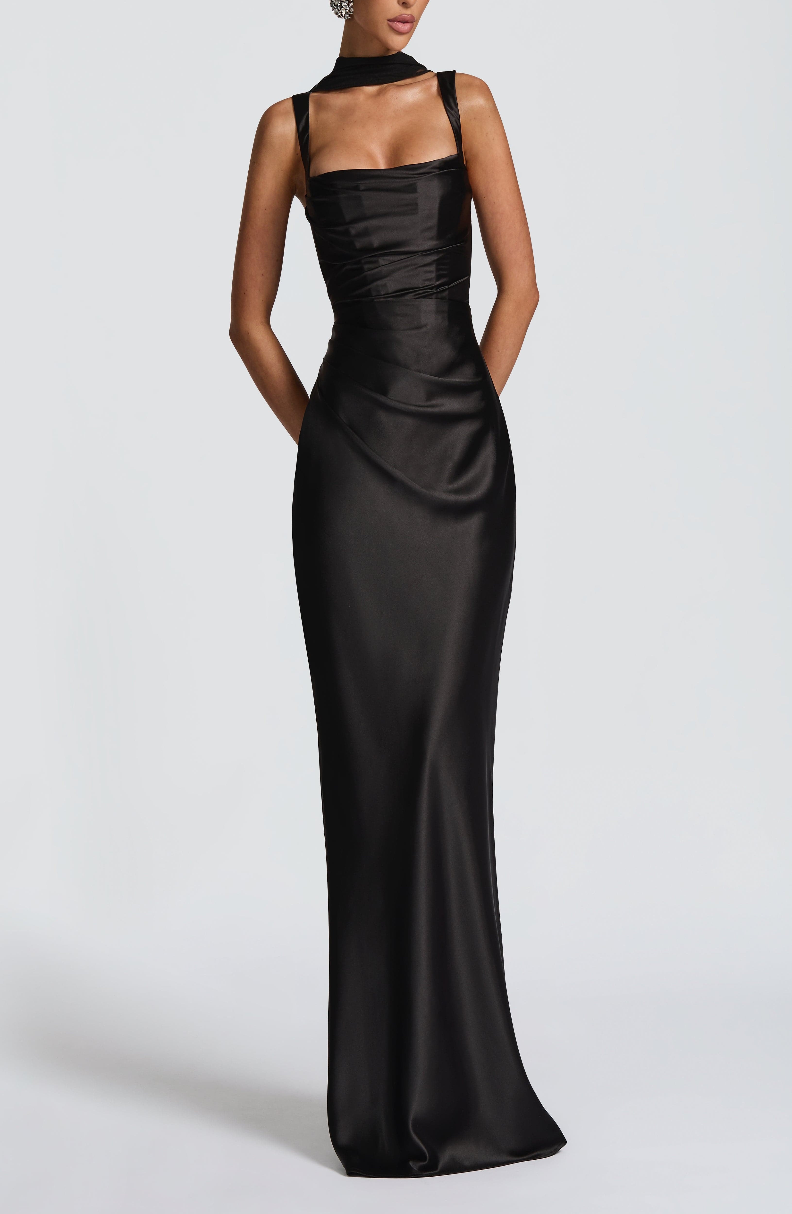 Black Satin Maxi Dress with Square Neckline & Lace-Up Back - Image 2