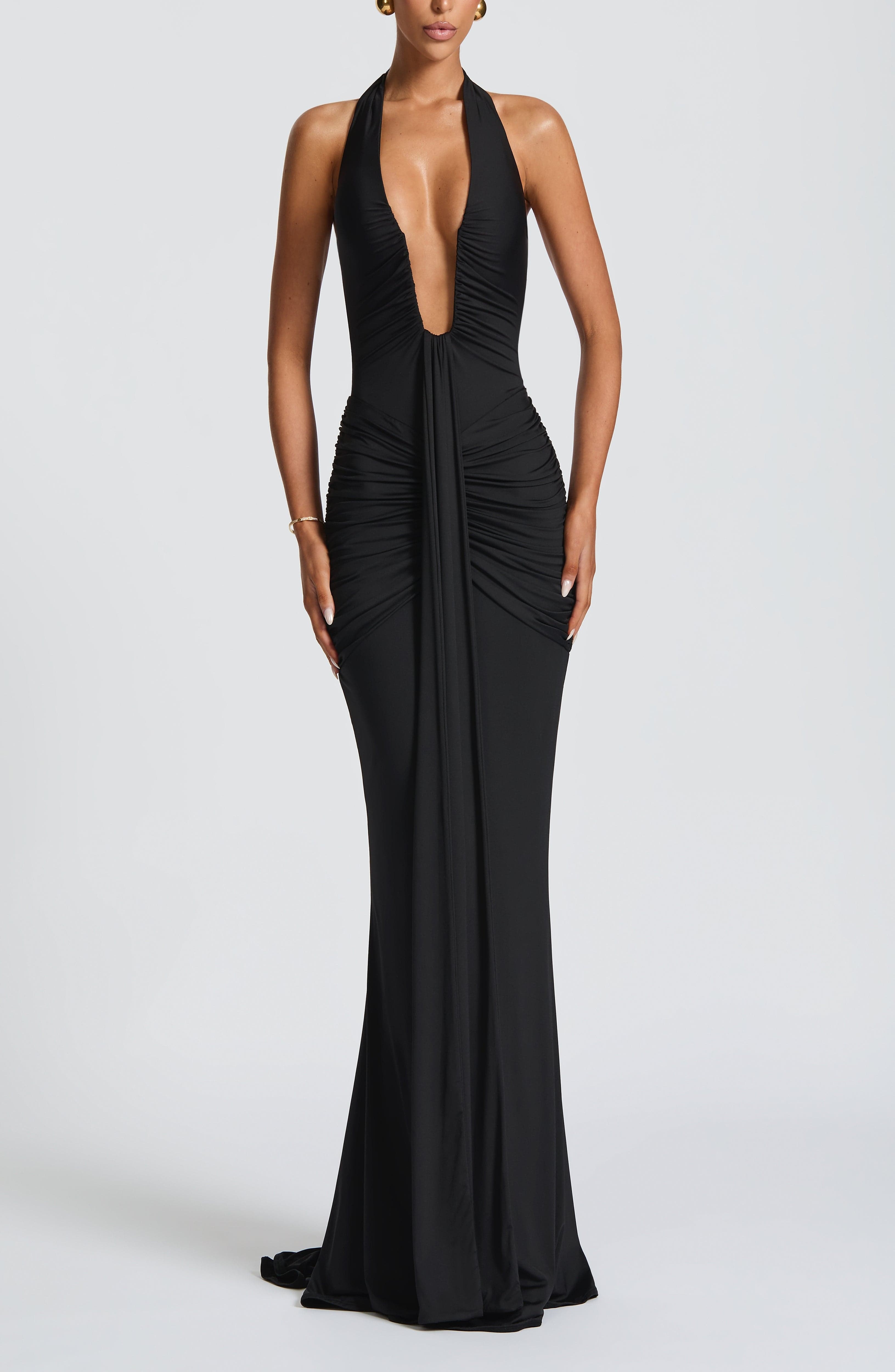 Black Slinky Jersey Maxi Dress with Plunge Halter Neckline - Image 2