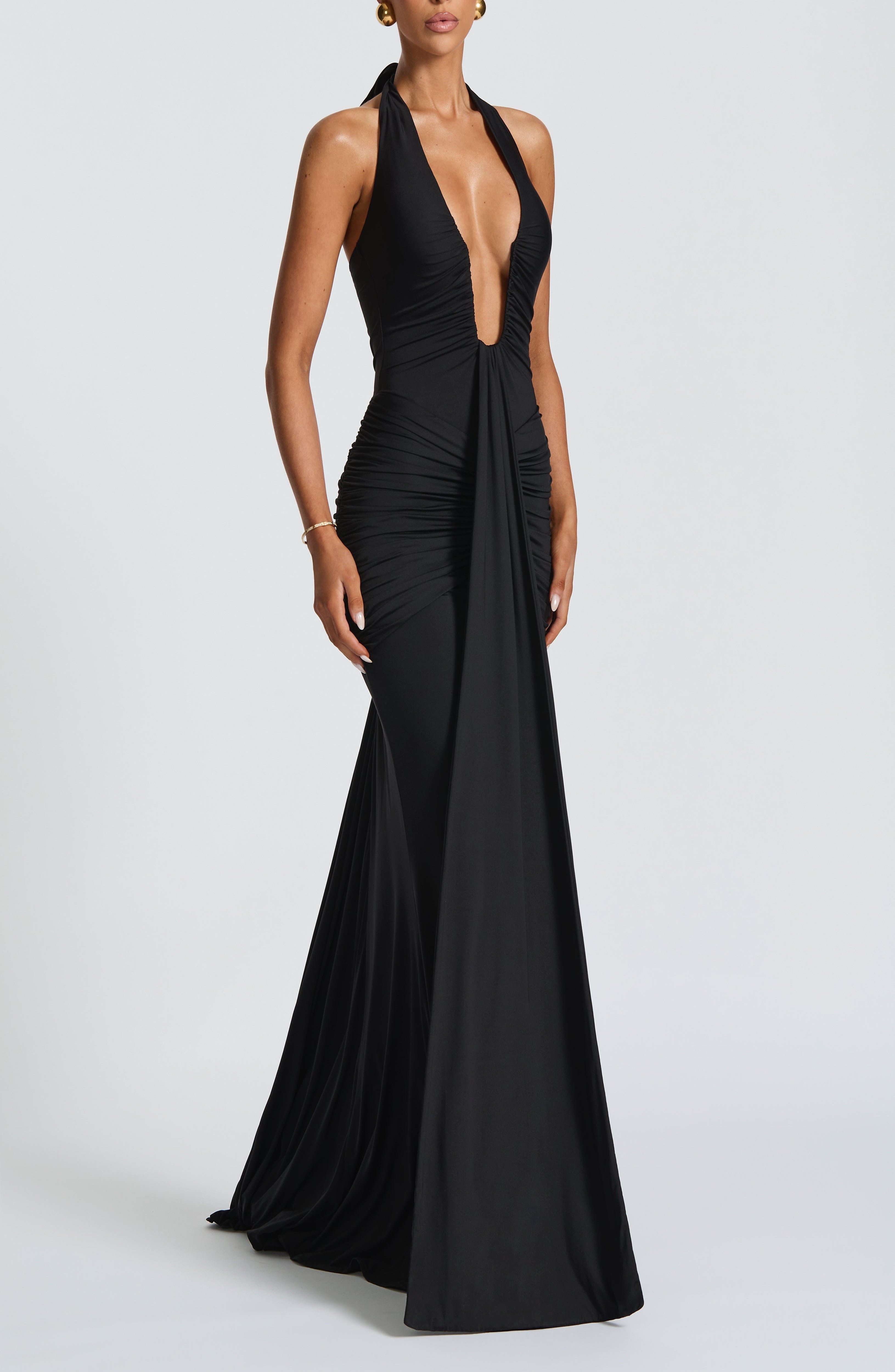 Black Slinky Jersey Maxi Dress with Plunge Halter Neckline - Image 3