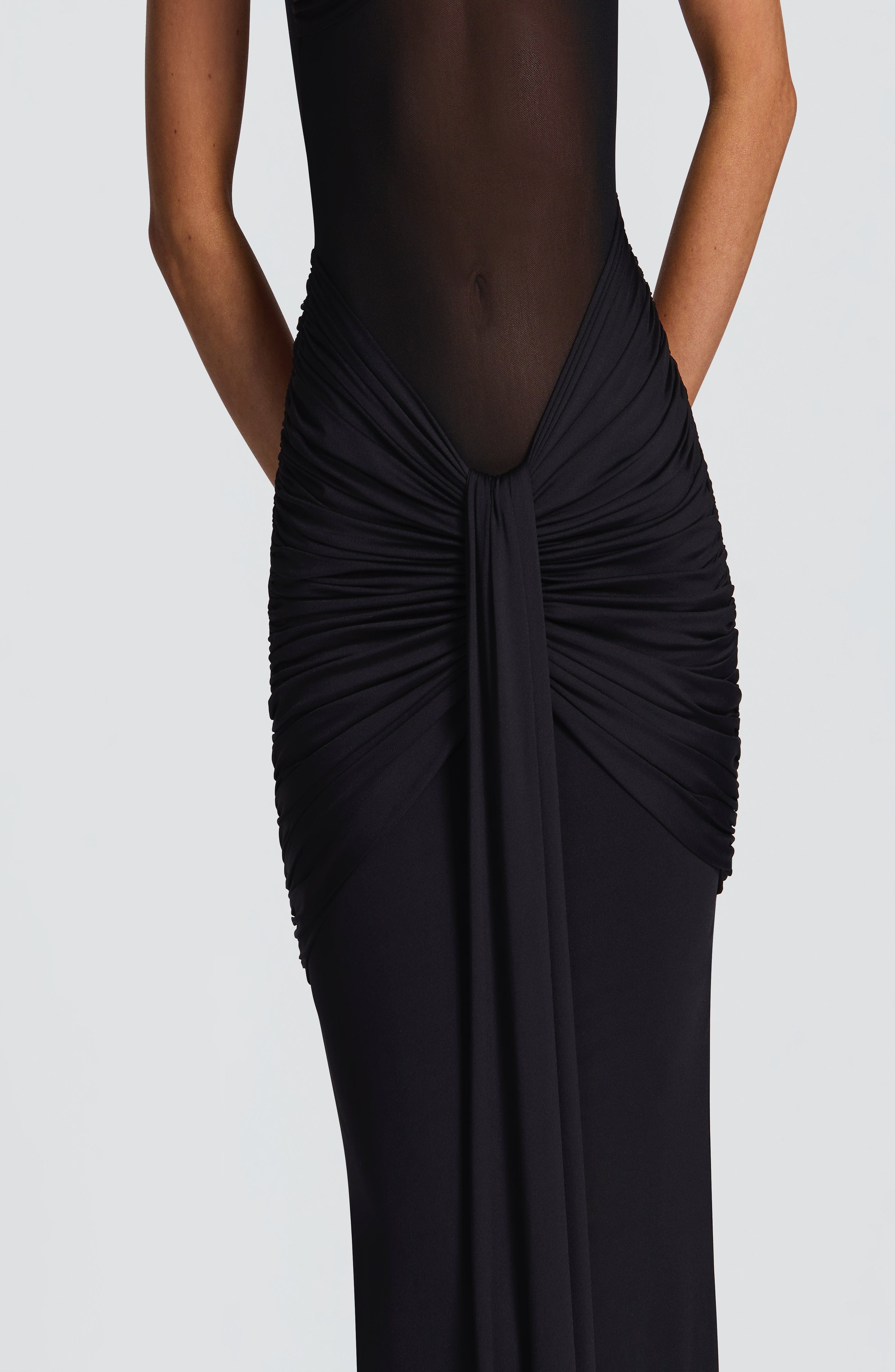 Black Slinky Jersey Mesh Halter Maxi Dress Twist Neckline Ruched - Image 3