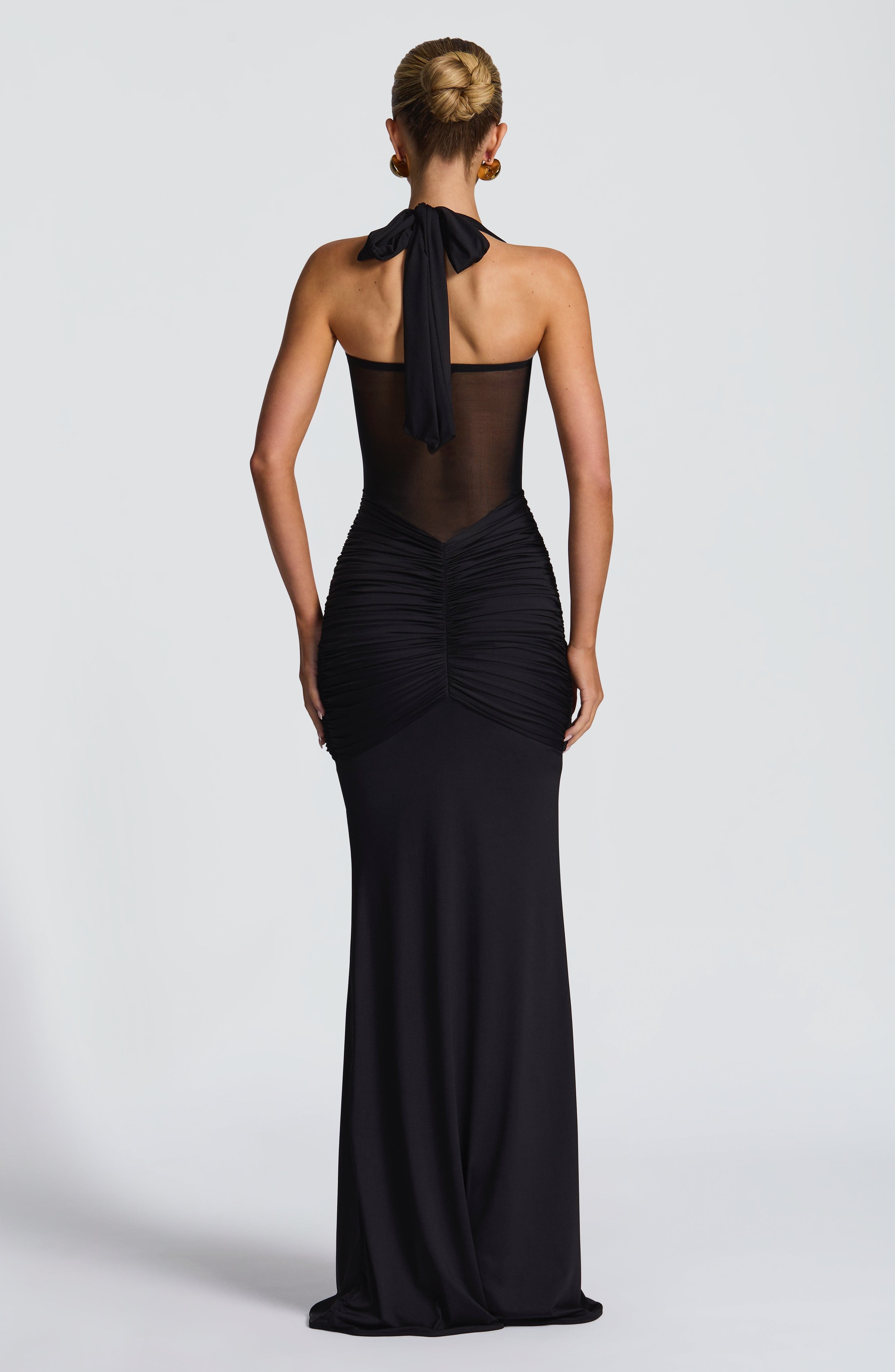 Black Slinky Jersey Mesh Halter Maxi Dress Twist Neckline Ruched - Image 2