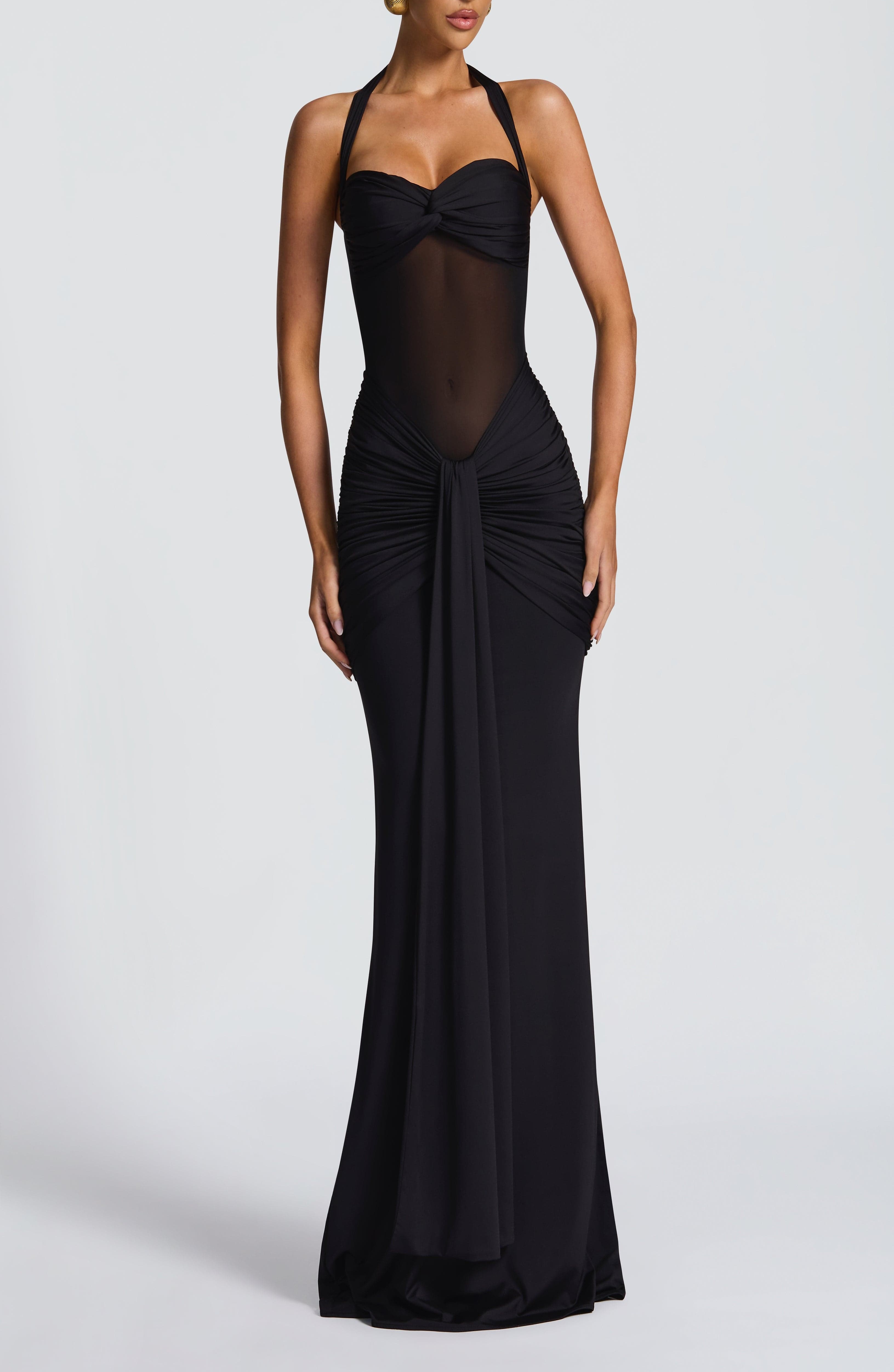 Black Slinky Jersey Mesh Halter Maxi Dress Twist Neckline Ruched - Image 5