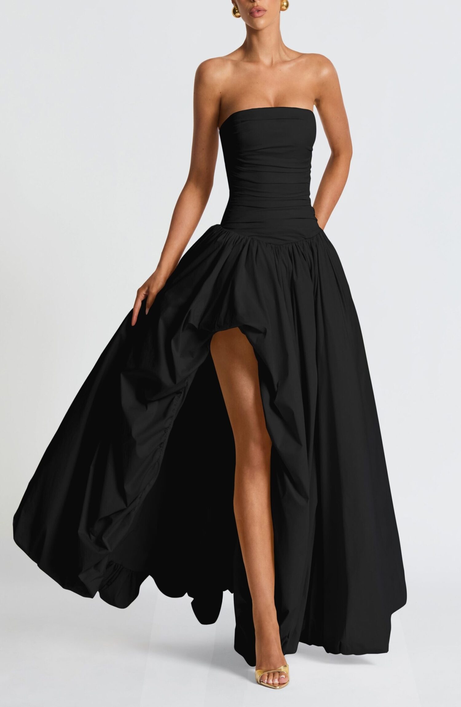 Black Strapless Ruched Maxi Dress with Puff Ball Skirt