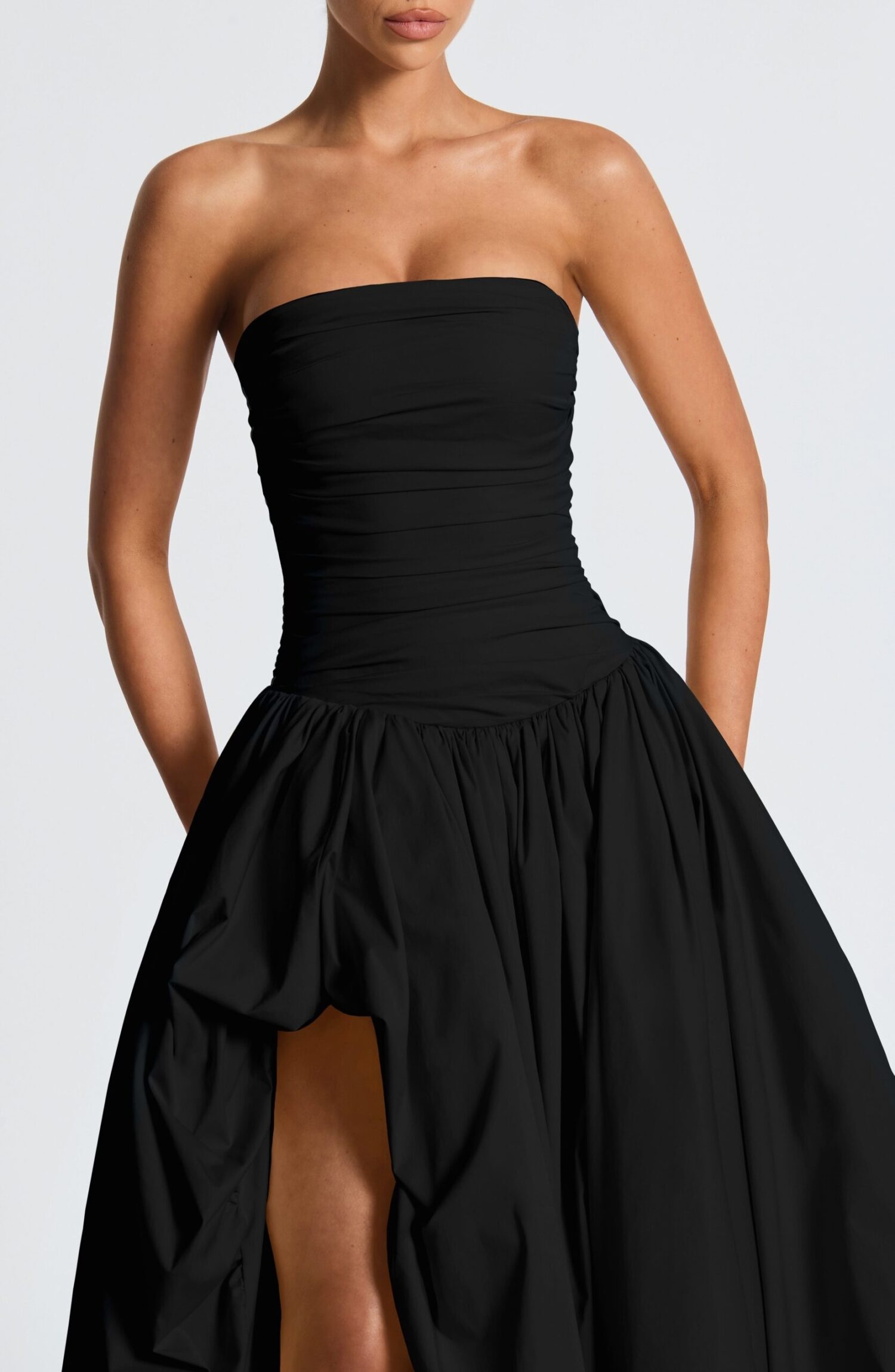 Black Strapless Ruched Maxi Dress with Puff Ball Skirt - Image 5