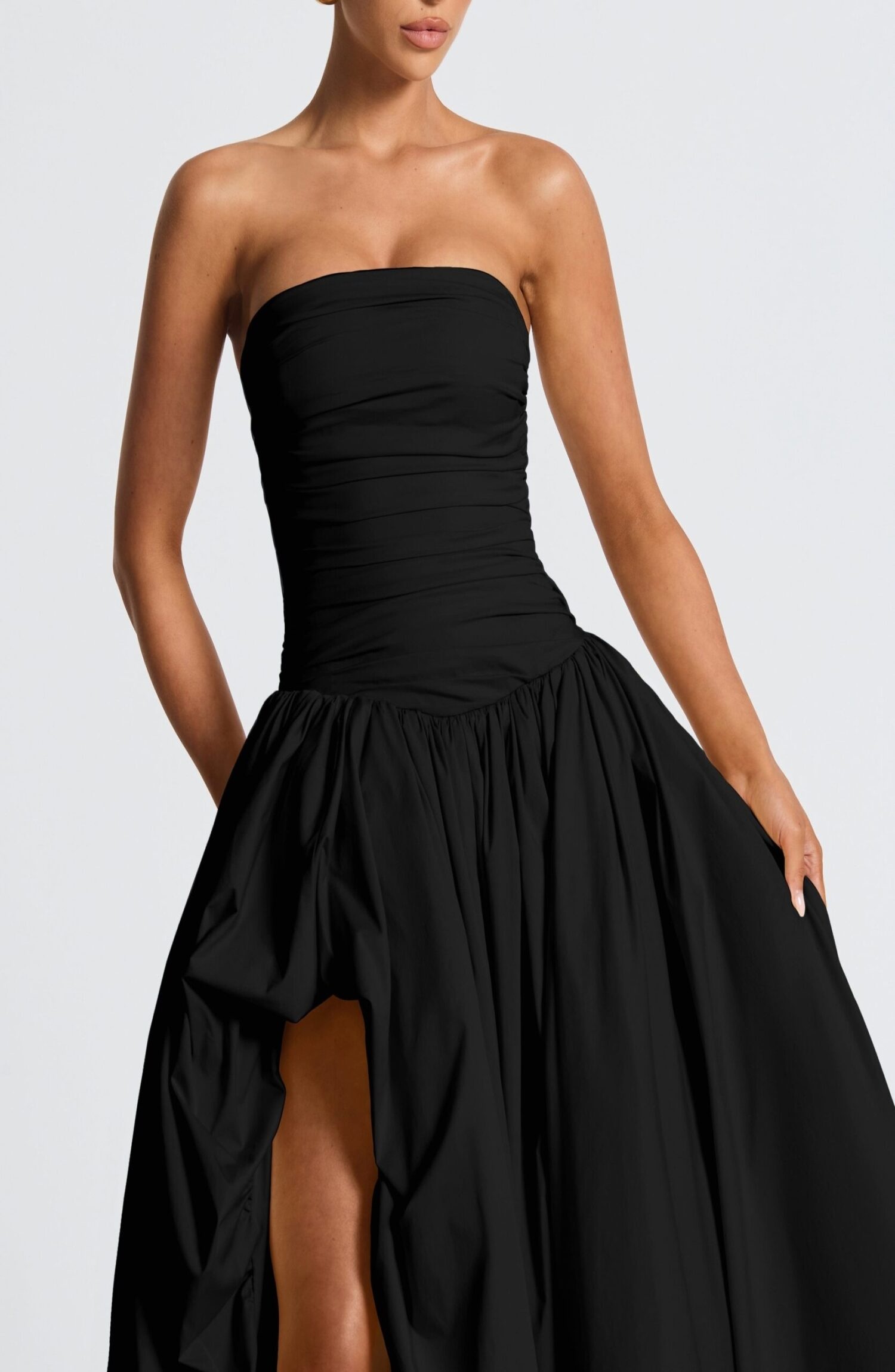 Black Strapless Ruched Maxi Dress with Puff Ball Skirt - Image 6