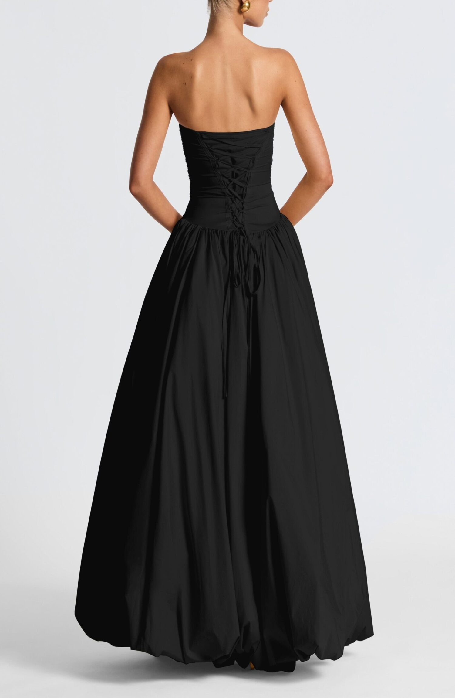 Black Strapless Ruched Maxi Dress with Puff Ball Skirt - Image 3