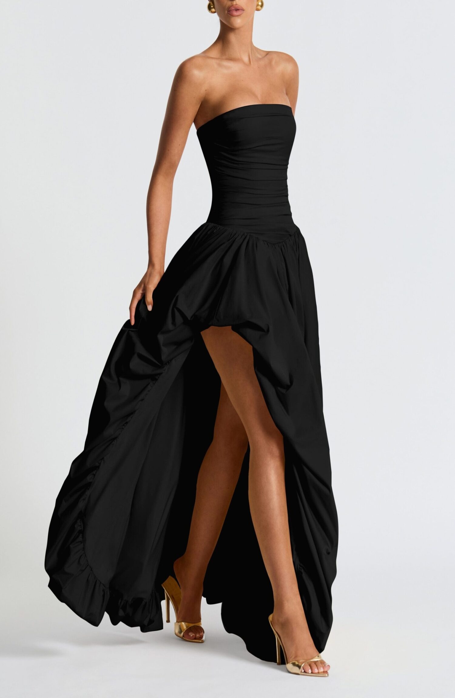Black Strapless Ruched Maxi Dress with Puff Ball Skirt - Image 2