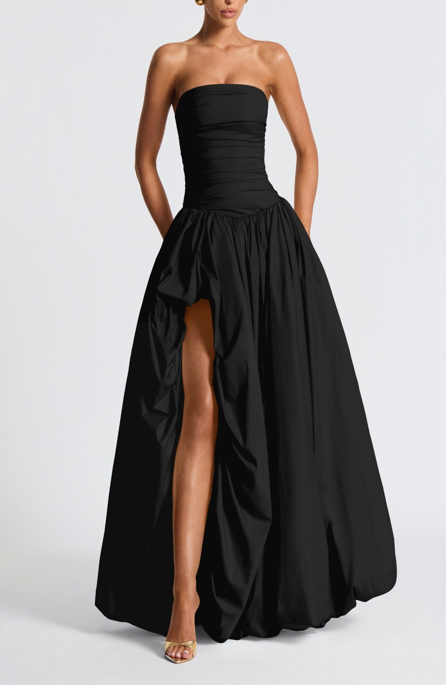 Black Strapless Ruched Maxi Dress with Puff Ball Skirt - Image 4