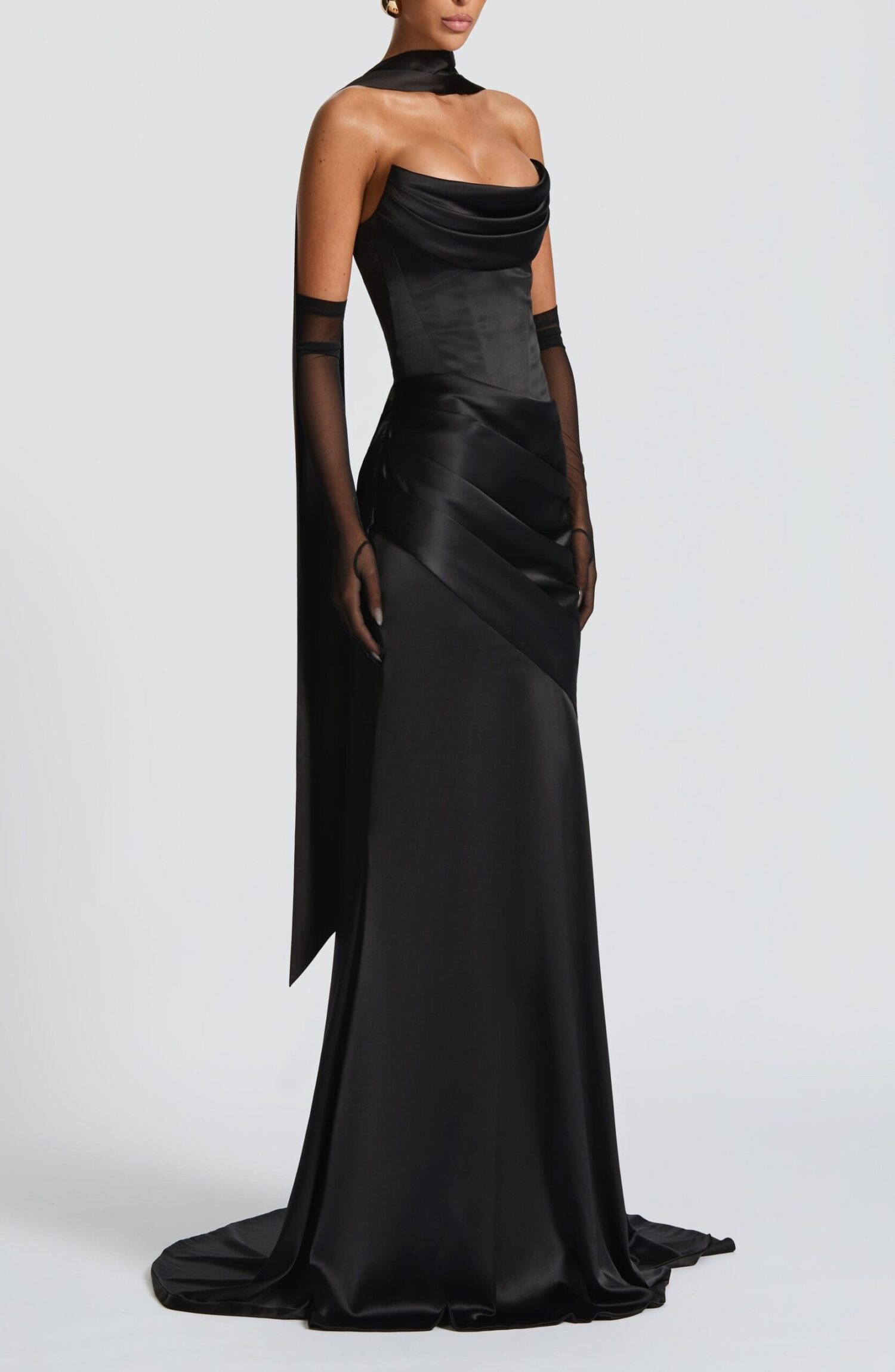 Black Strapless Satin Maxi Dress with Train & Cowl Neck - Image 3