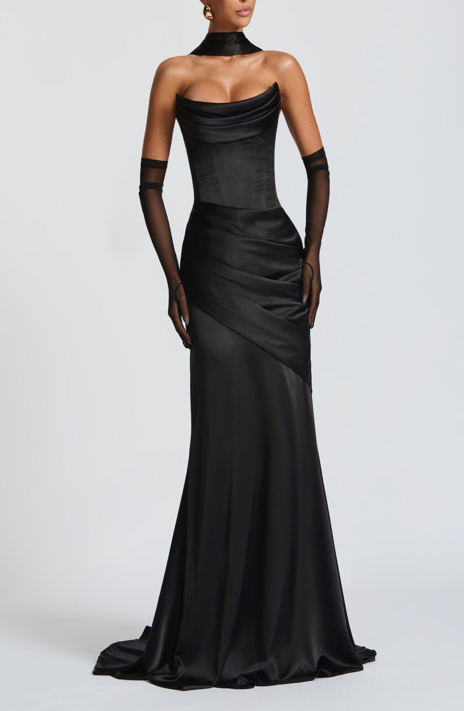 Black Strapless Satin Maxi Dress with Train & Cowl Neck