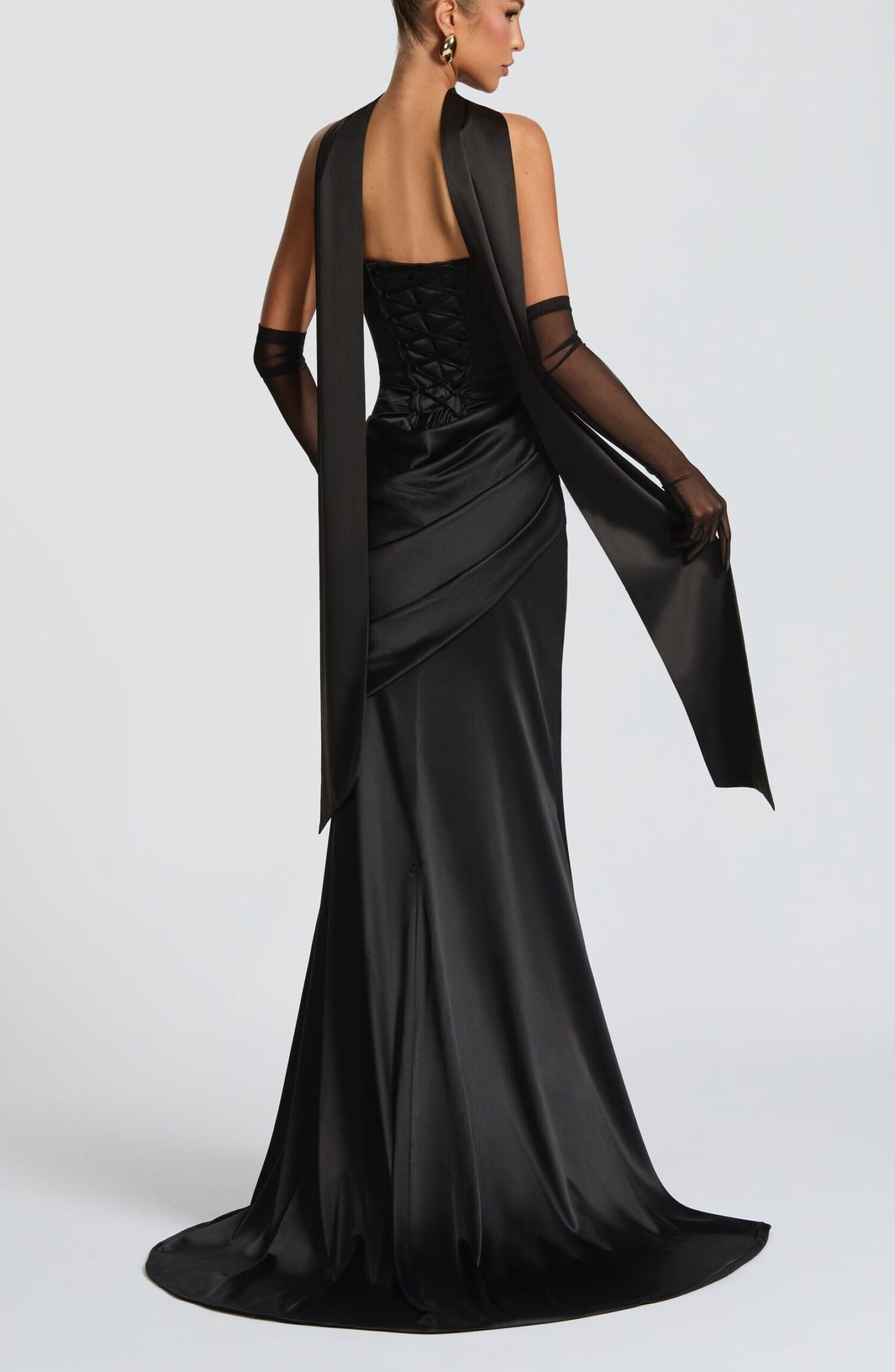 Black Strapless Satin Maxi Dress with Train & Cowl Neck - Image 2