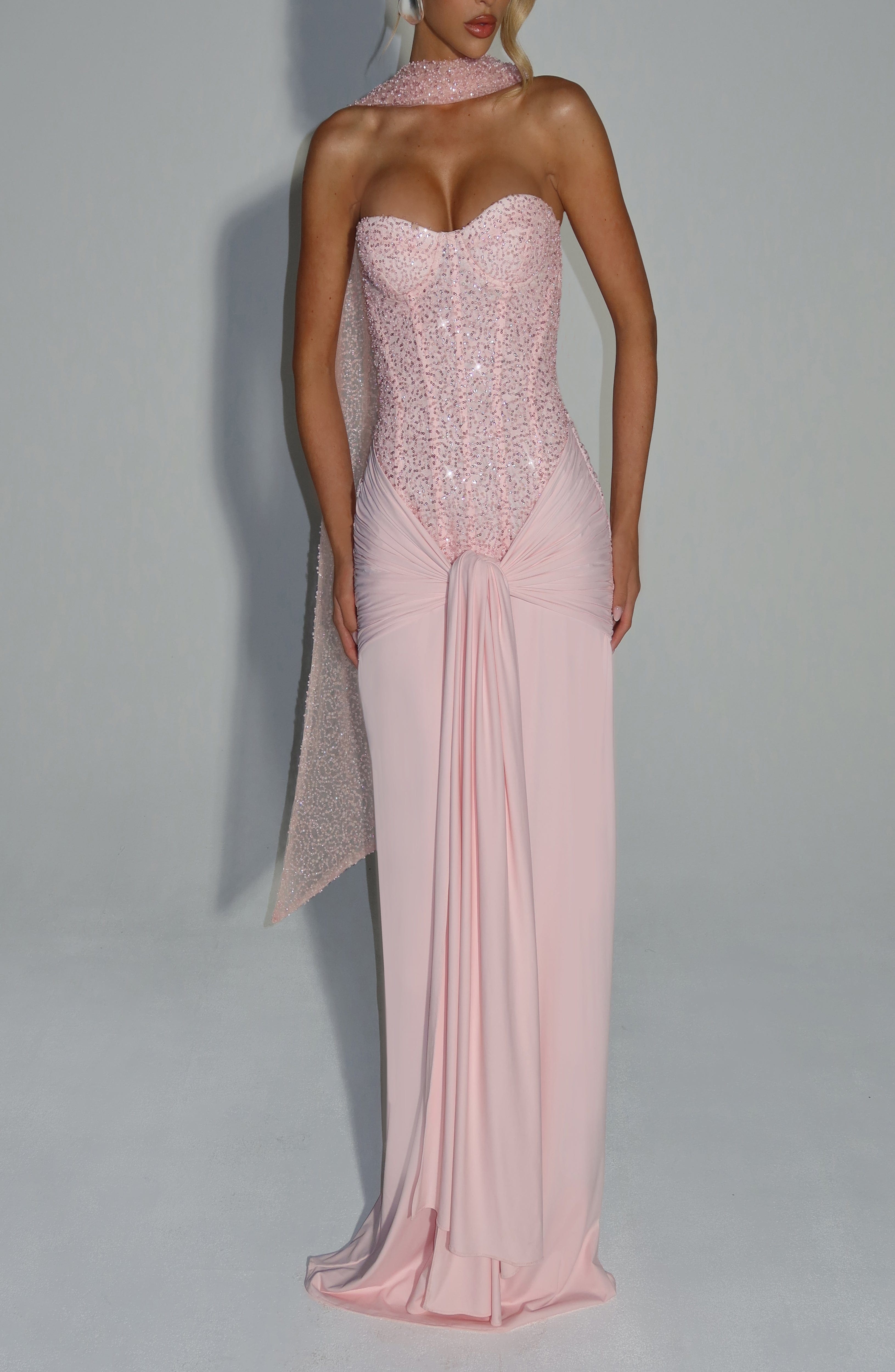 Blush Embellished Strapless Maxi Dress with Boned Bodice - Image 3