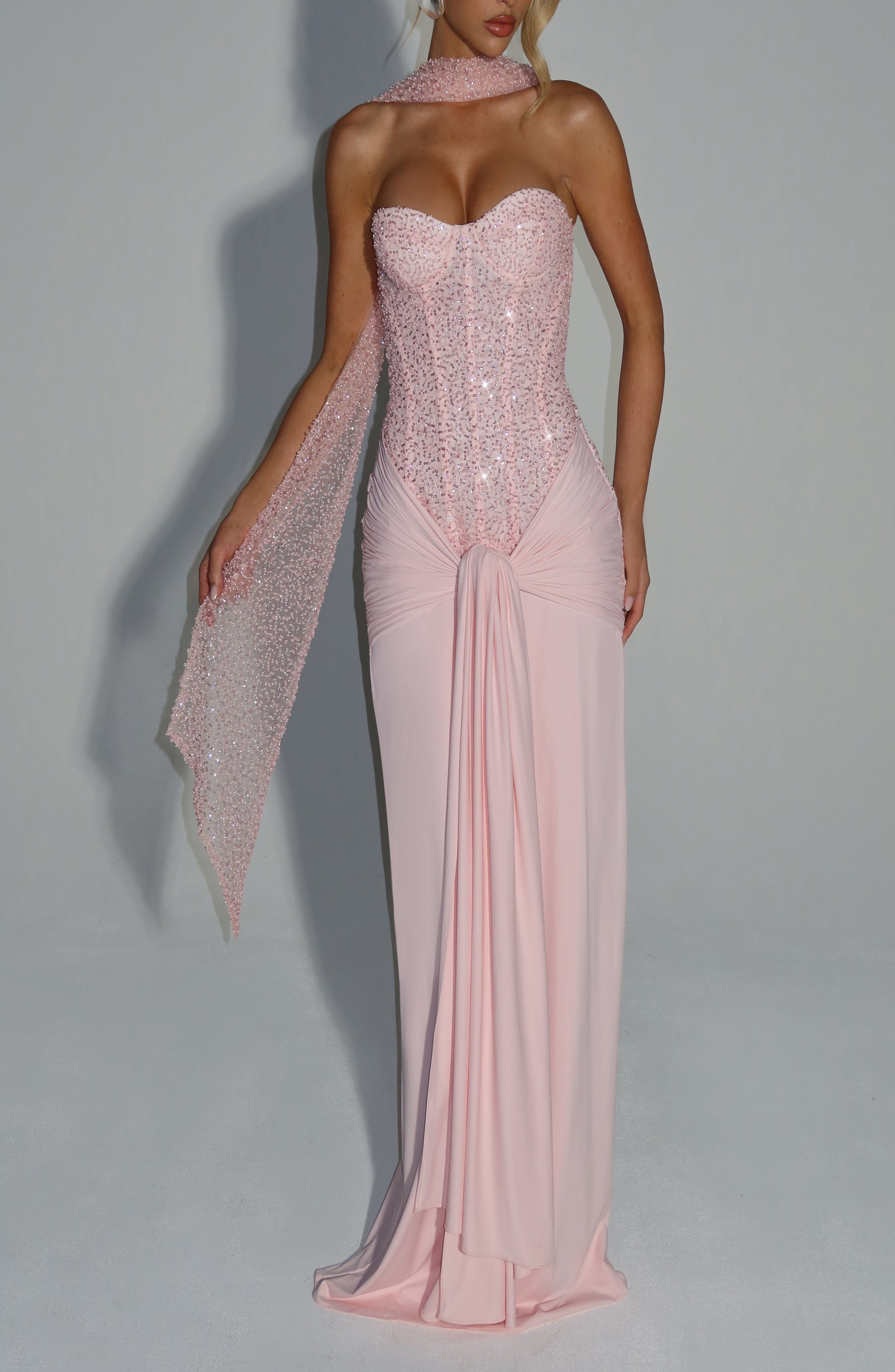 Blush Embellished Strapless Maxi Dress with Boned Bodice