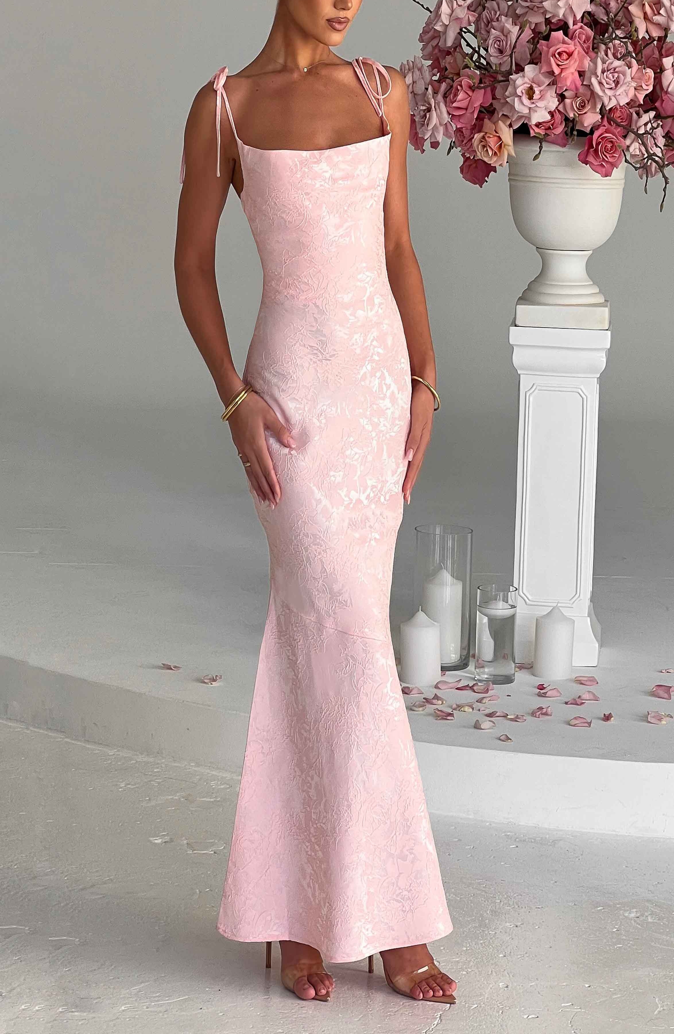 Blush Floral Jacquard Maxi Dress with Cowl Neck & Tie Straps