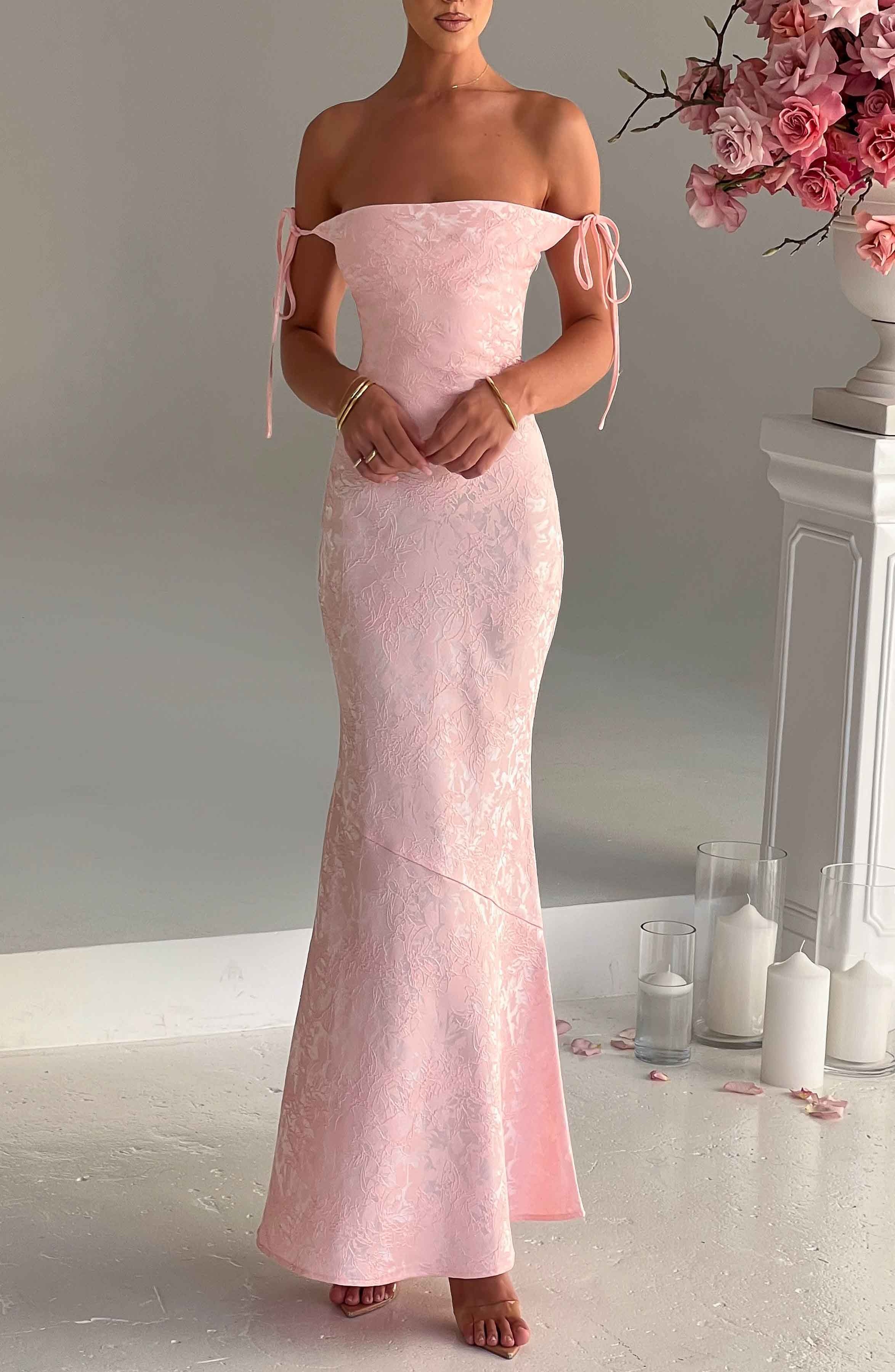 Blush Floral Jacquard Maxi Dress with Cowl Neck & Tie Straps - Image 2