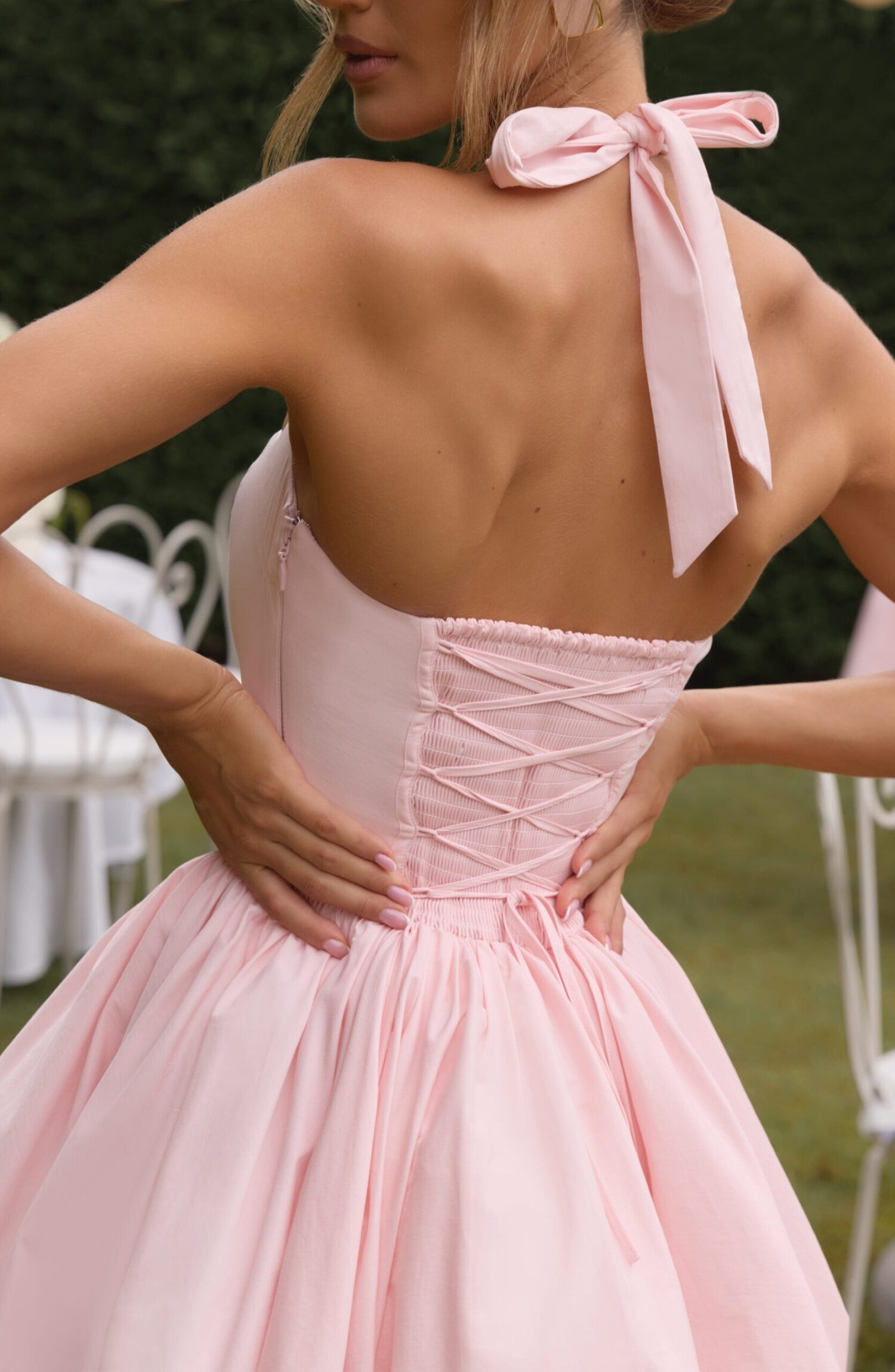 Blush Halter Neck Puffball Mini Dress - Square Neck, Lace Up Back - Image 4