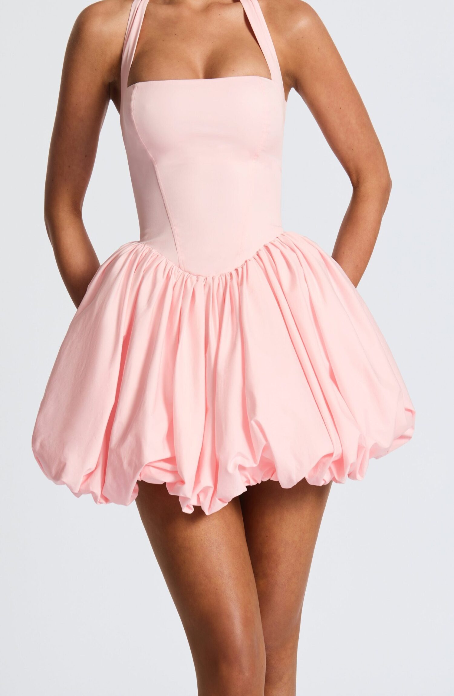 Blush Halter Neck Puffball Mini Dress - Square Neck, Lace Up Back - Image 12