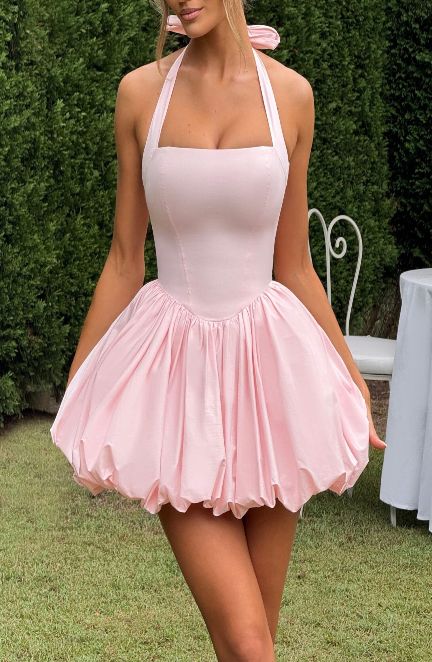 Blush Halter Neck Puffball Mini Dress - Square Neck, Lace Up Back