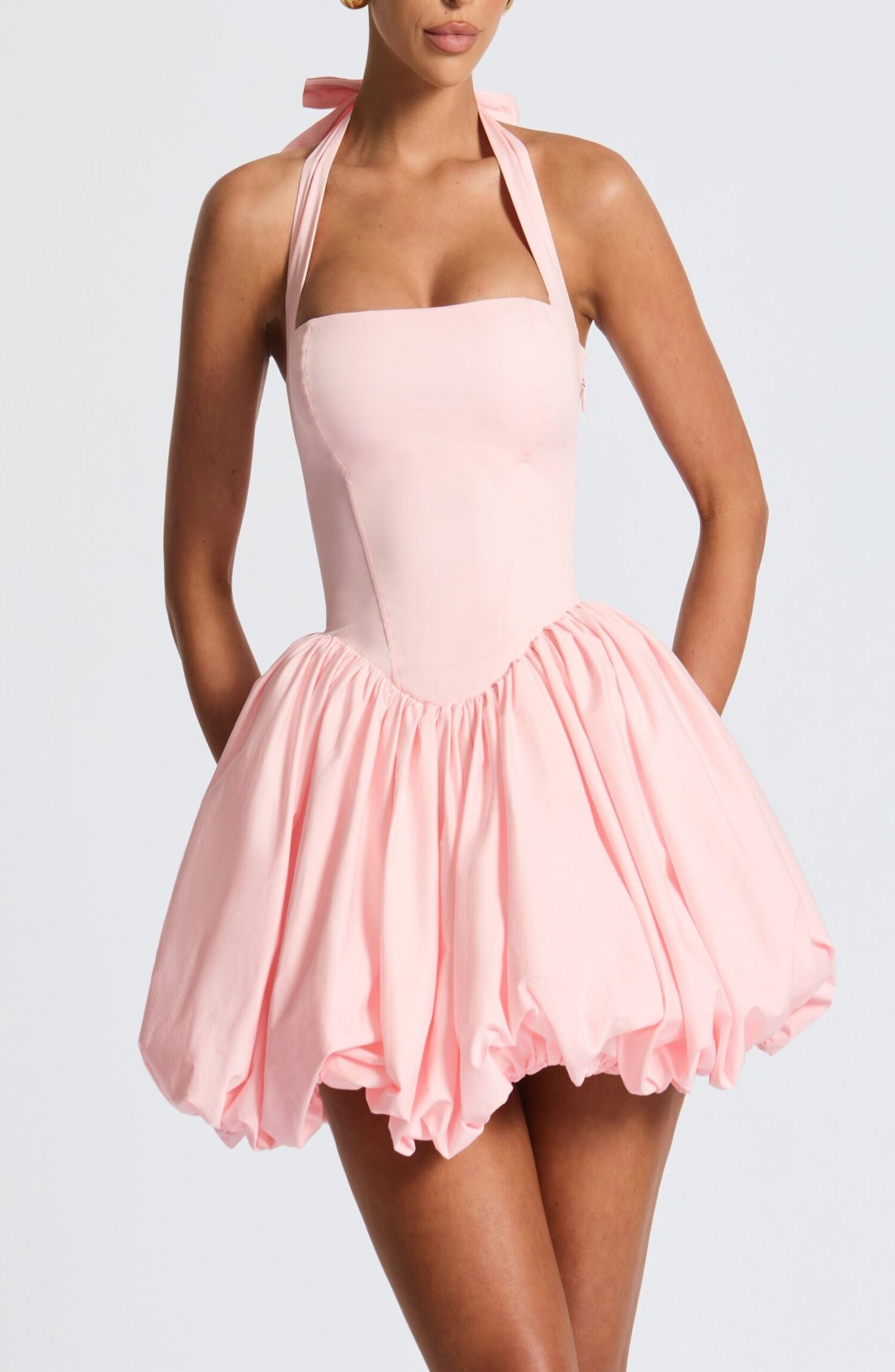 Blush Halter Neck Puffball Mini Dress - Square Neck, Lace Up Back - Image 11