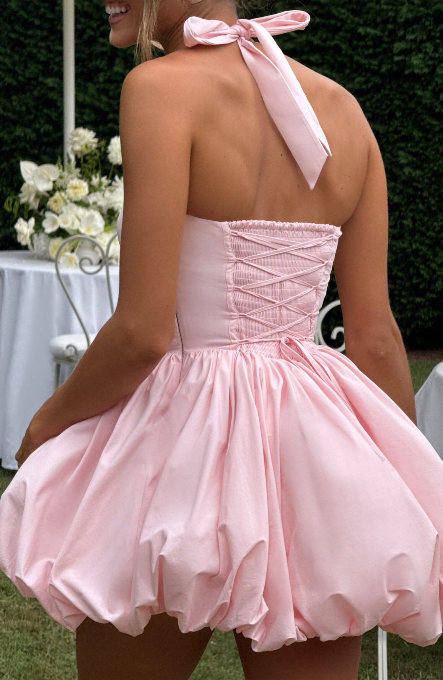 Blush Halter Neck Puffball Mini Dress - Square Neck, Lace Up Back - Image 6