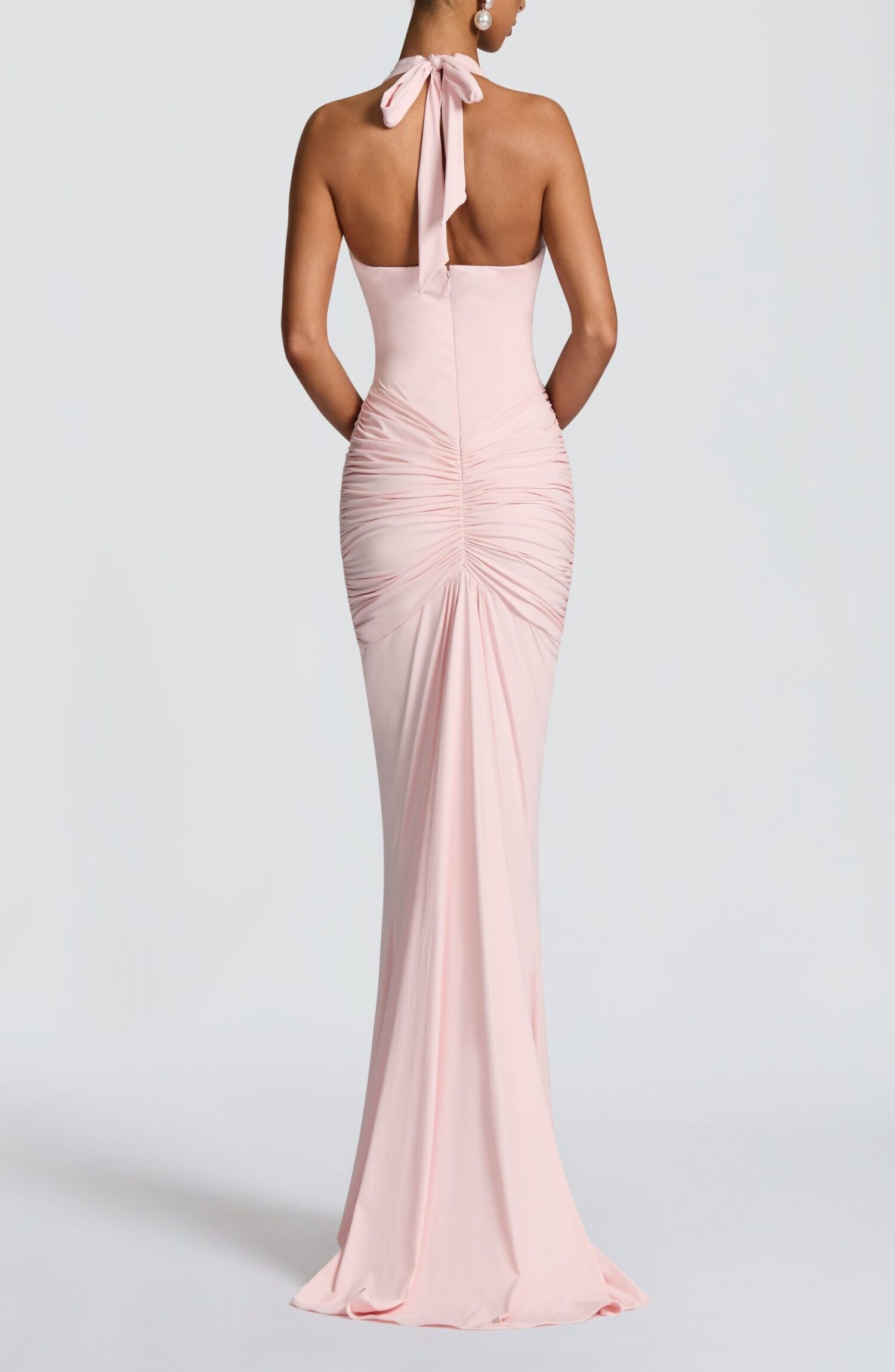 Blush Maxi Dress Halterneck Slinky Jersey Plunge Neckline Train - Image 3