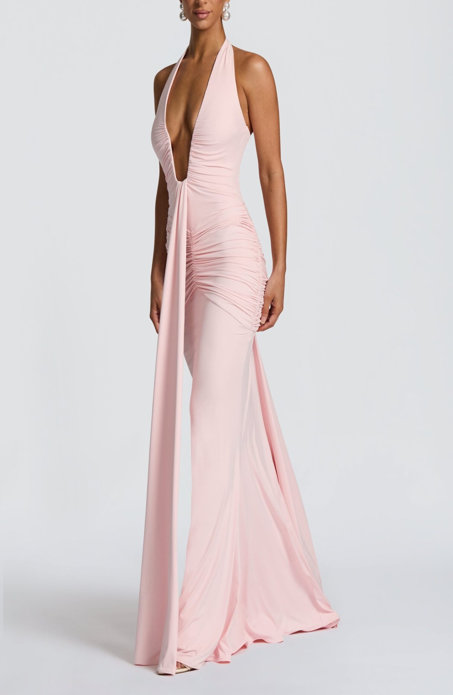 Blush Maxi Dress Halterneck Slinky Jersey Plunge Neckline Train - Image 2