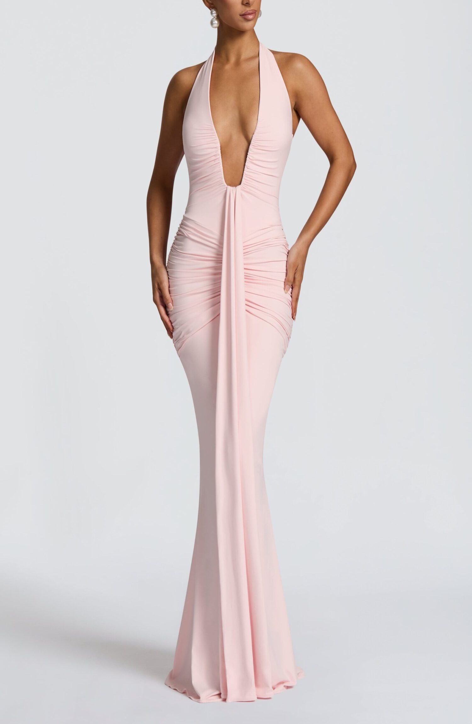 Blush Maxi Dress Halterneck Slinky Jersey Plunge Neckline Train - Image 6