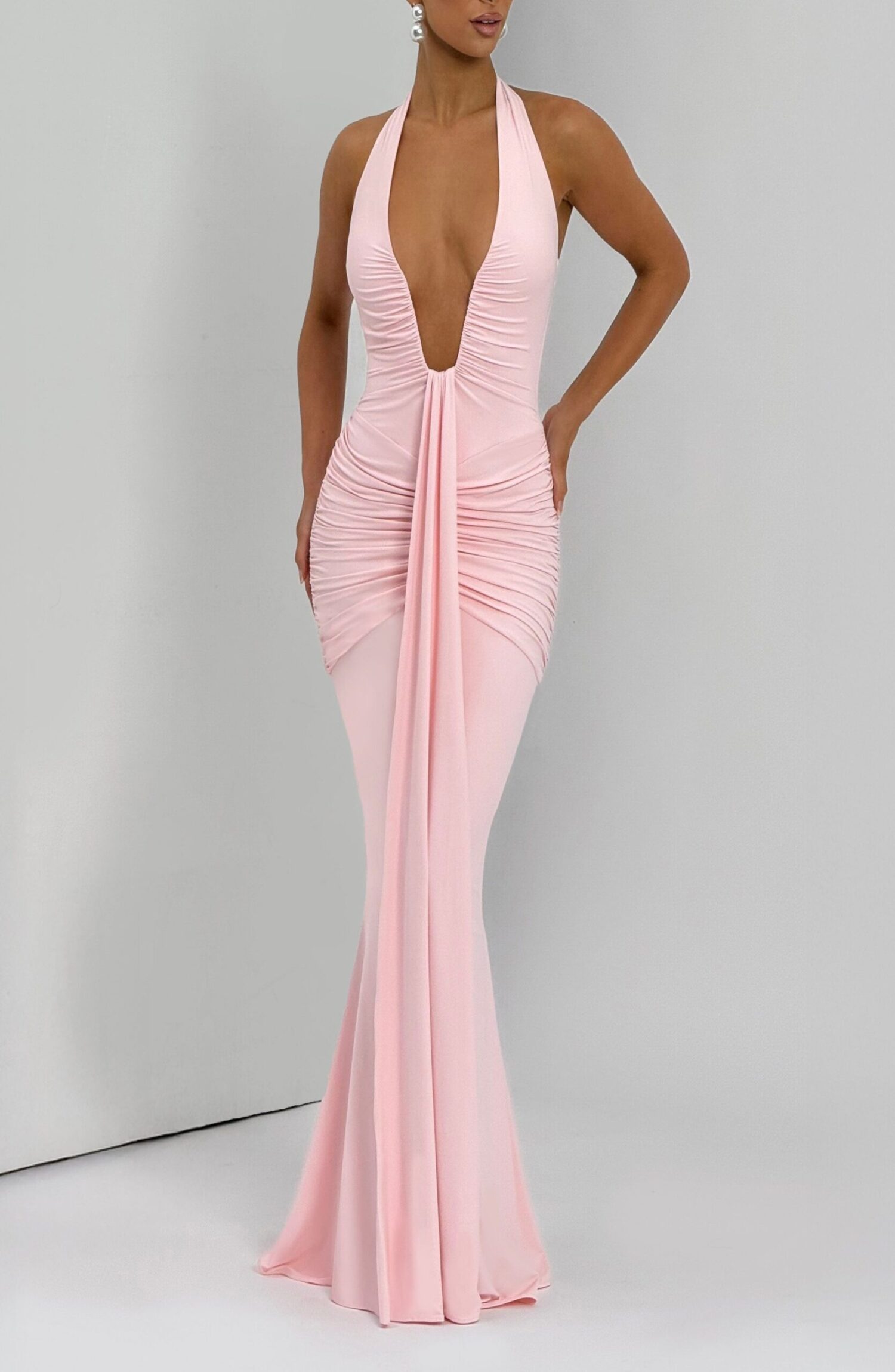 Blush Maxi Dress Halterneck Slinky Jersey Plunge Neckline Train - Image 8