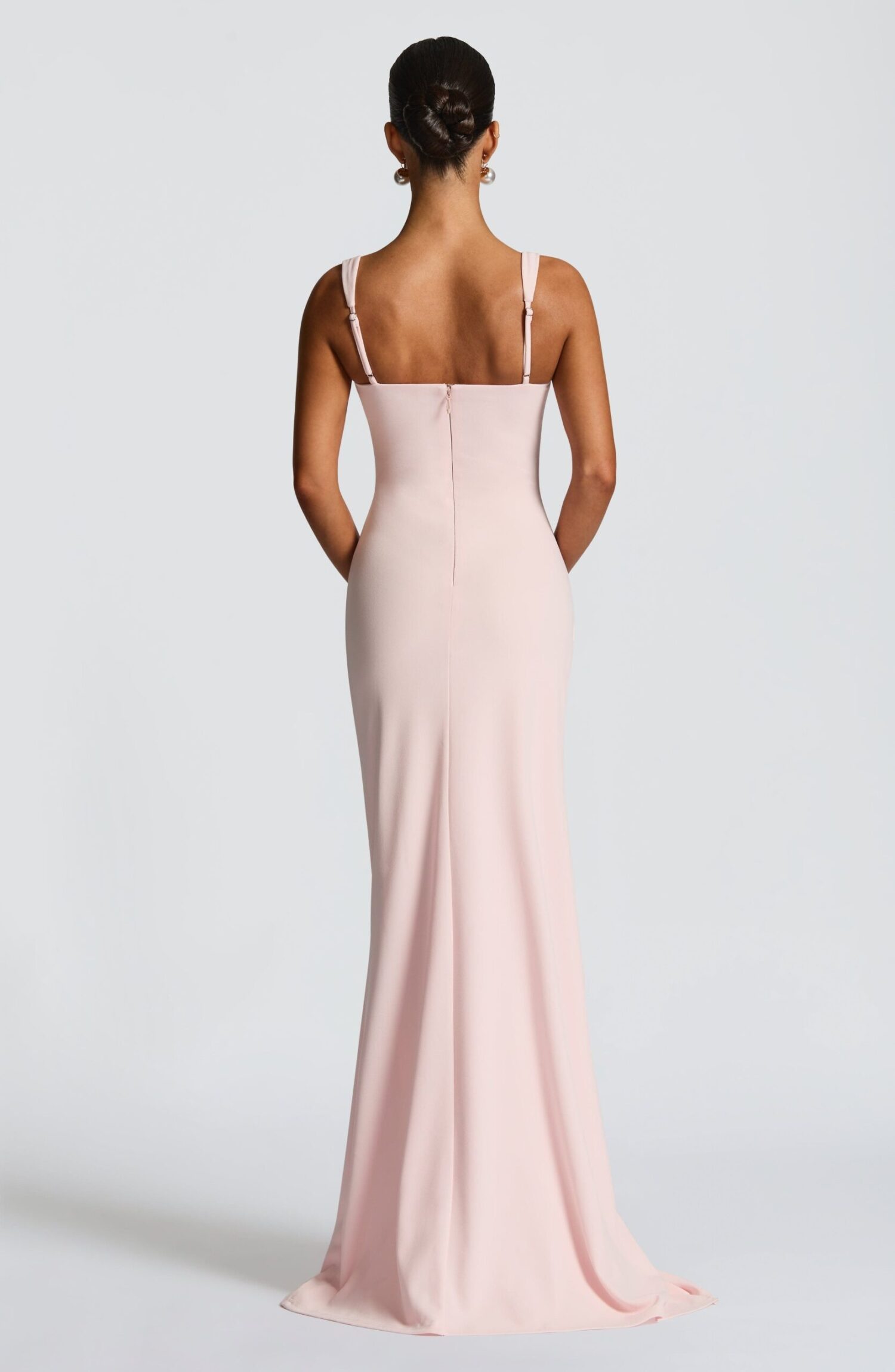Blush Maxi Dress Square Neck Fan Straps Draped Split Stretch Crepe - Image 4