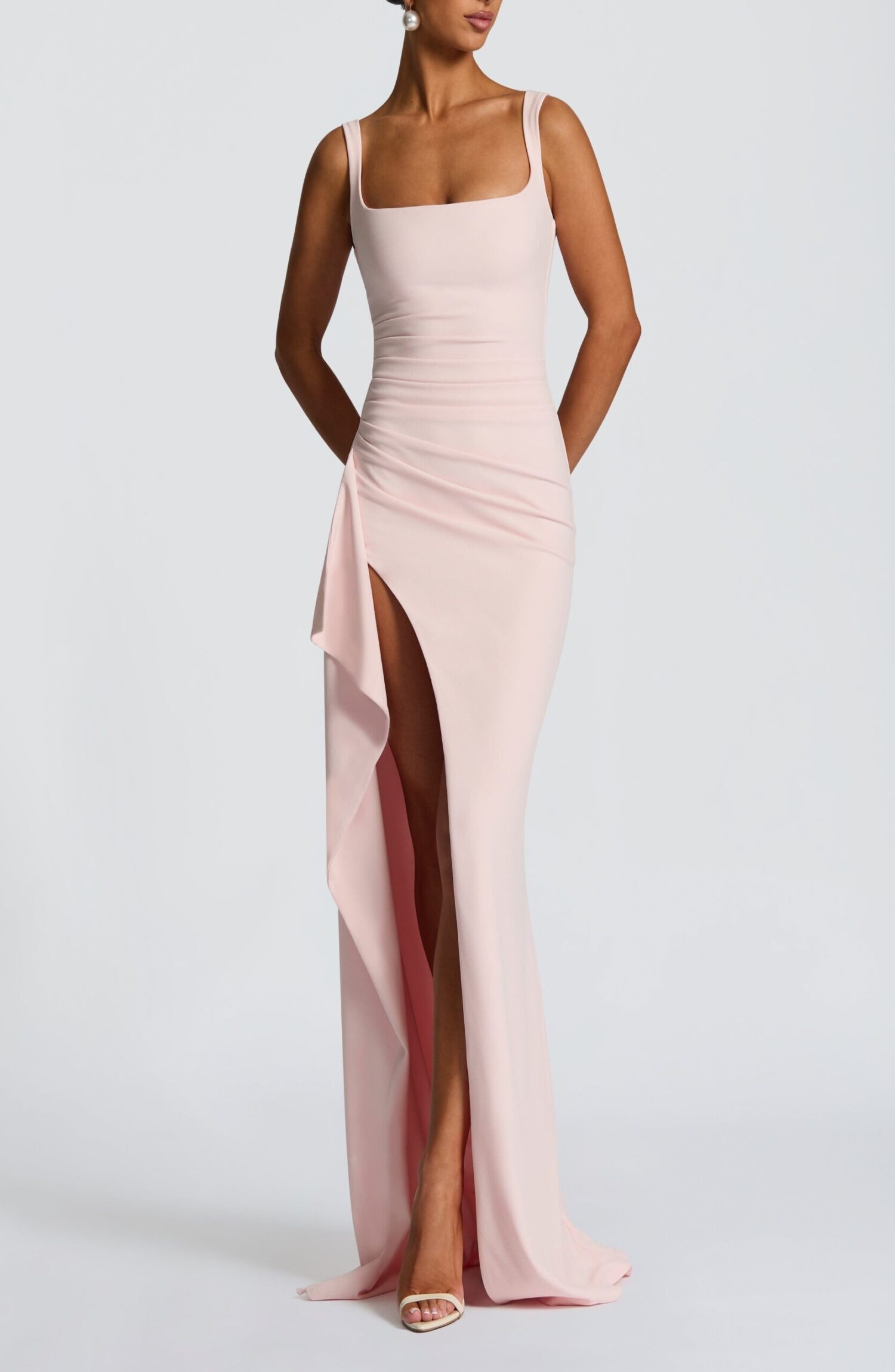 Blush Maxi Dress Square Neck Fan Straps Draped Split Stretch Crepe - Image 7