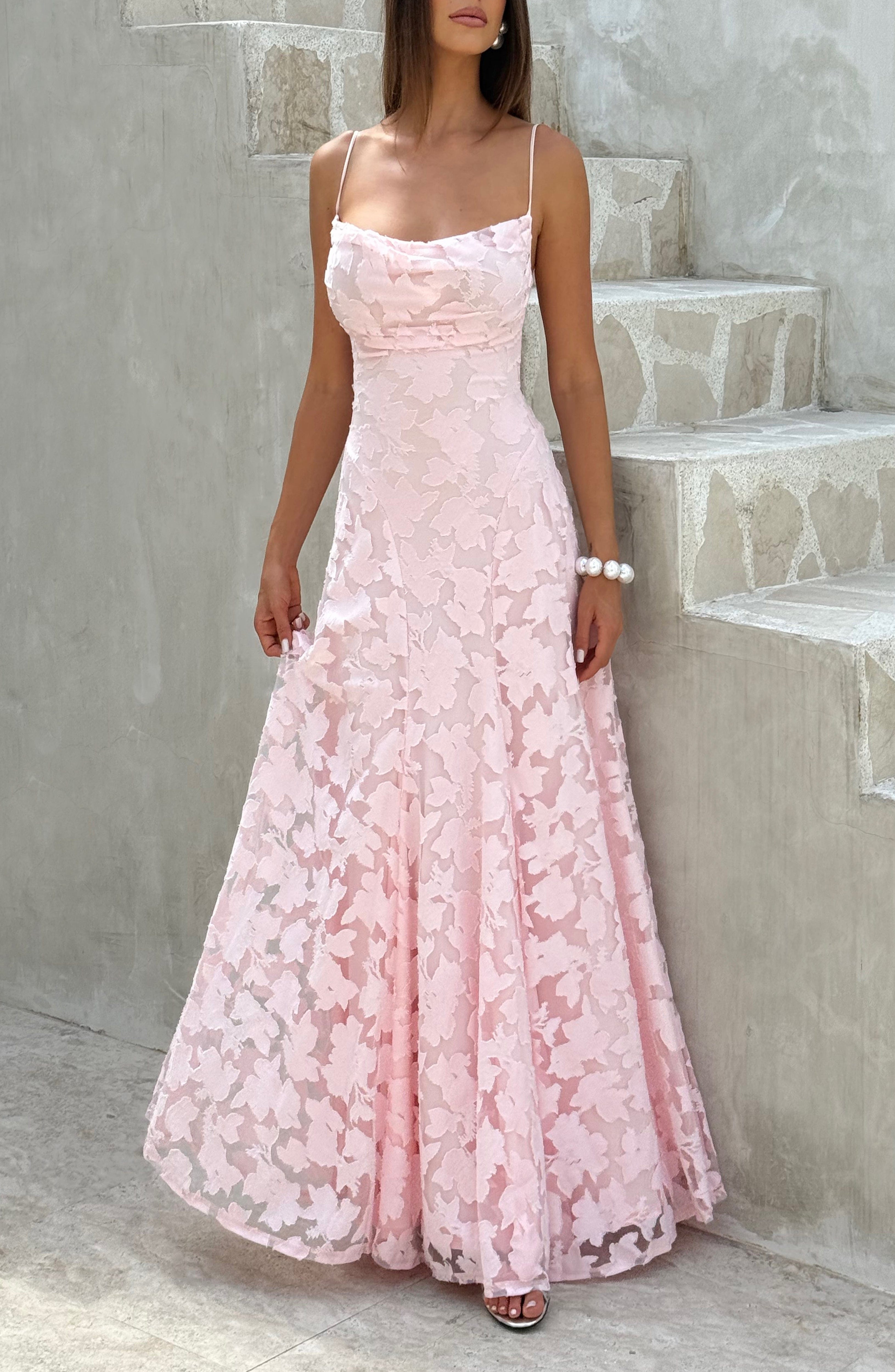 Blush Maxi Dress with Floral Burnout & Cowl Neckline