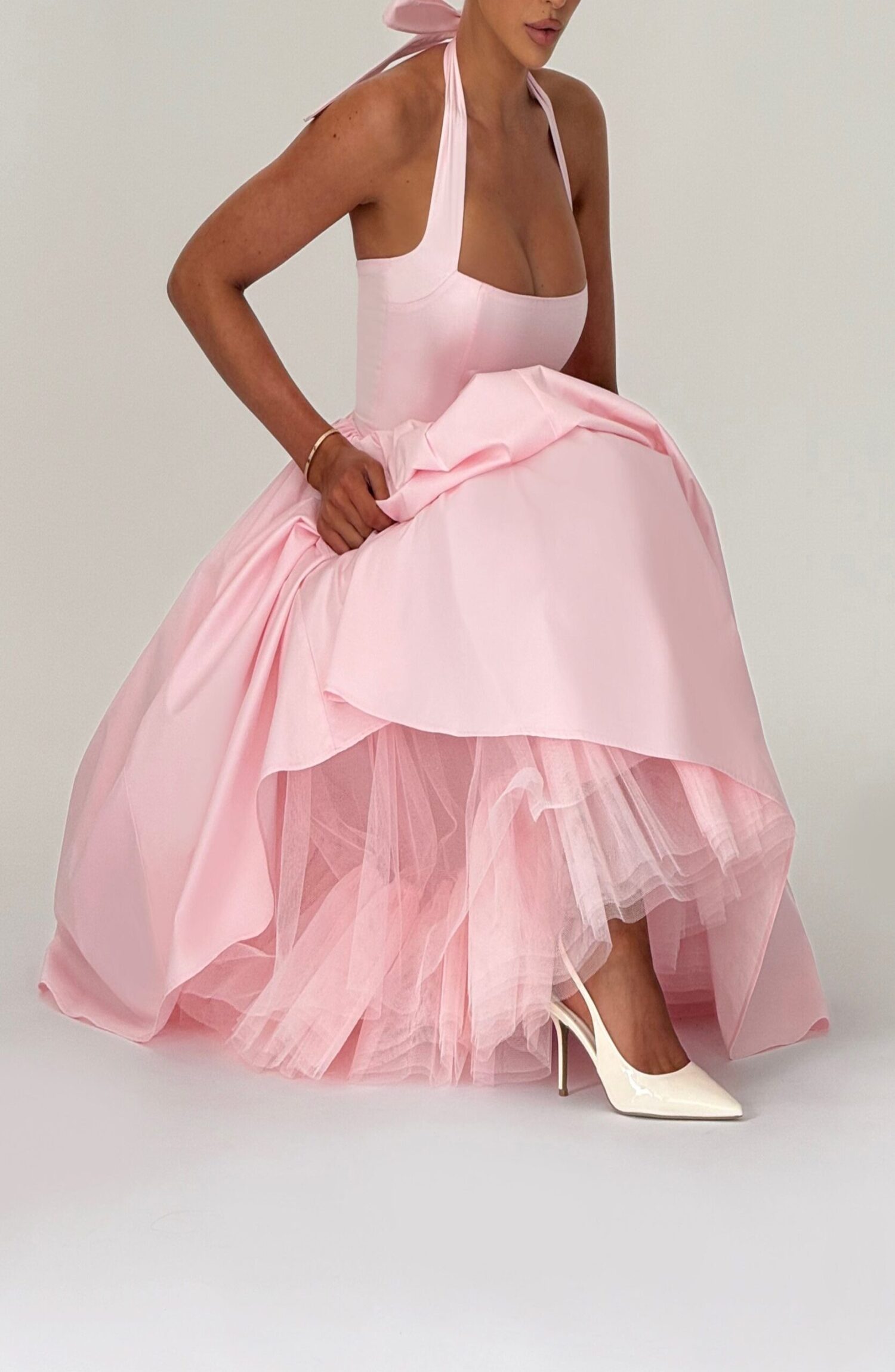Blush Midi Halter Dress with Lace-Up Back & Full Skirt - Image 6
