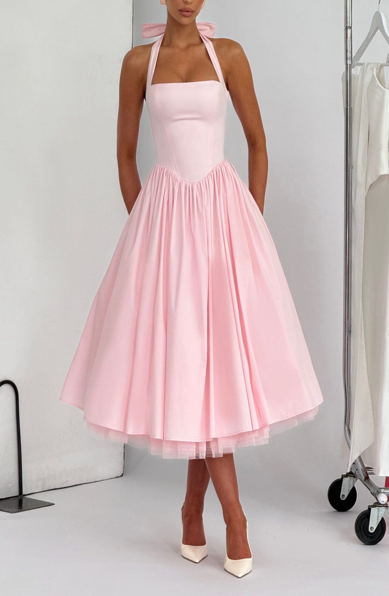 Blush Midi Halter Dress with Lace-Up Back & Full Skirt - Image 5