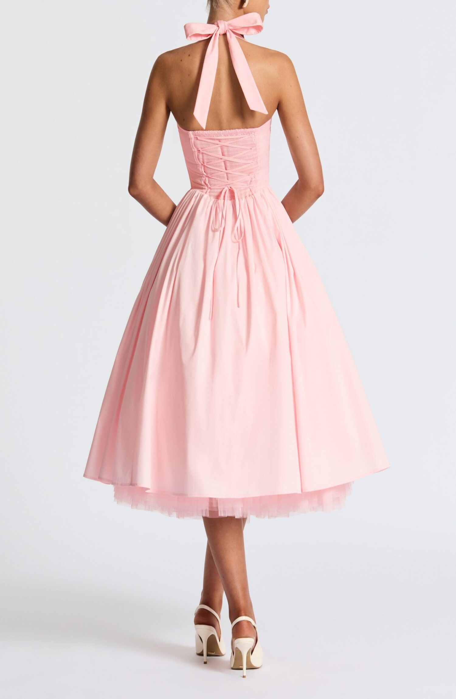 Blush Midi Halter Dress with Lace-Up Back & Full Skirt - Image 2