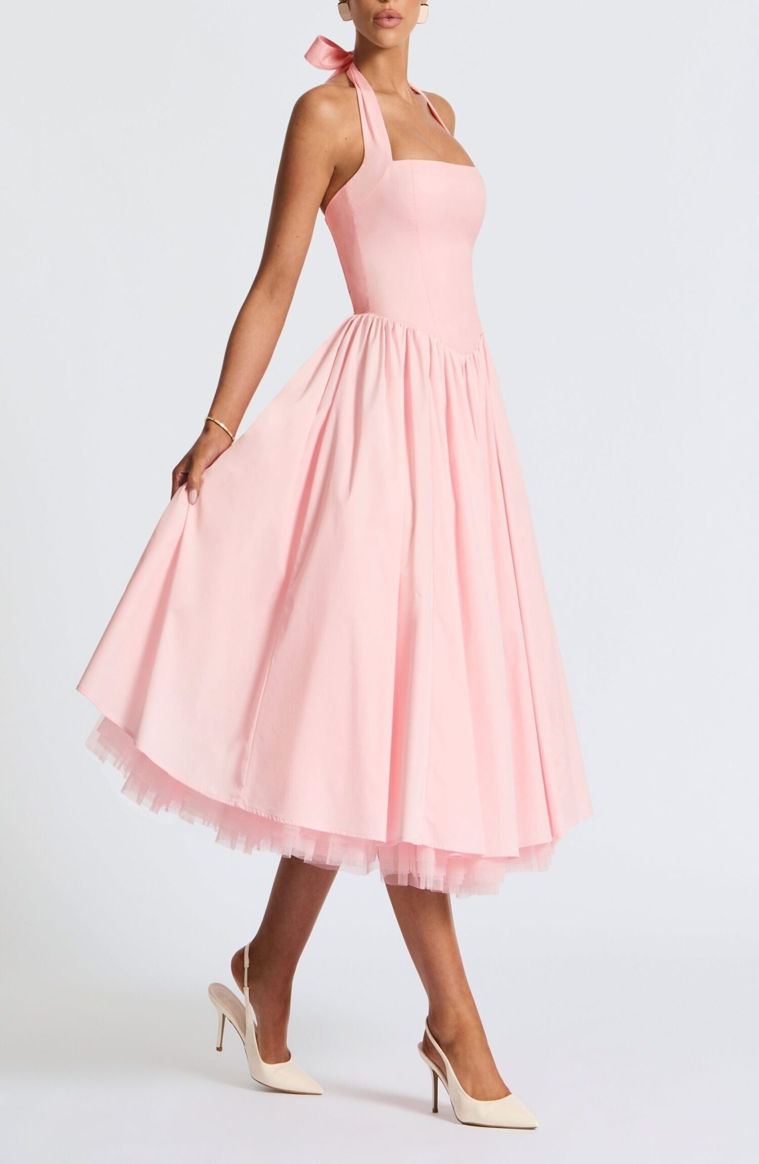 Blush Midi Halter Dress with Lace-Up Back & Full Skirt - Image 7