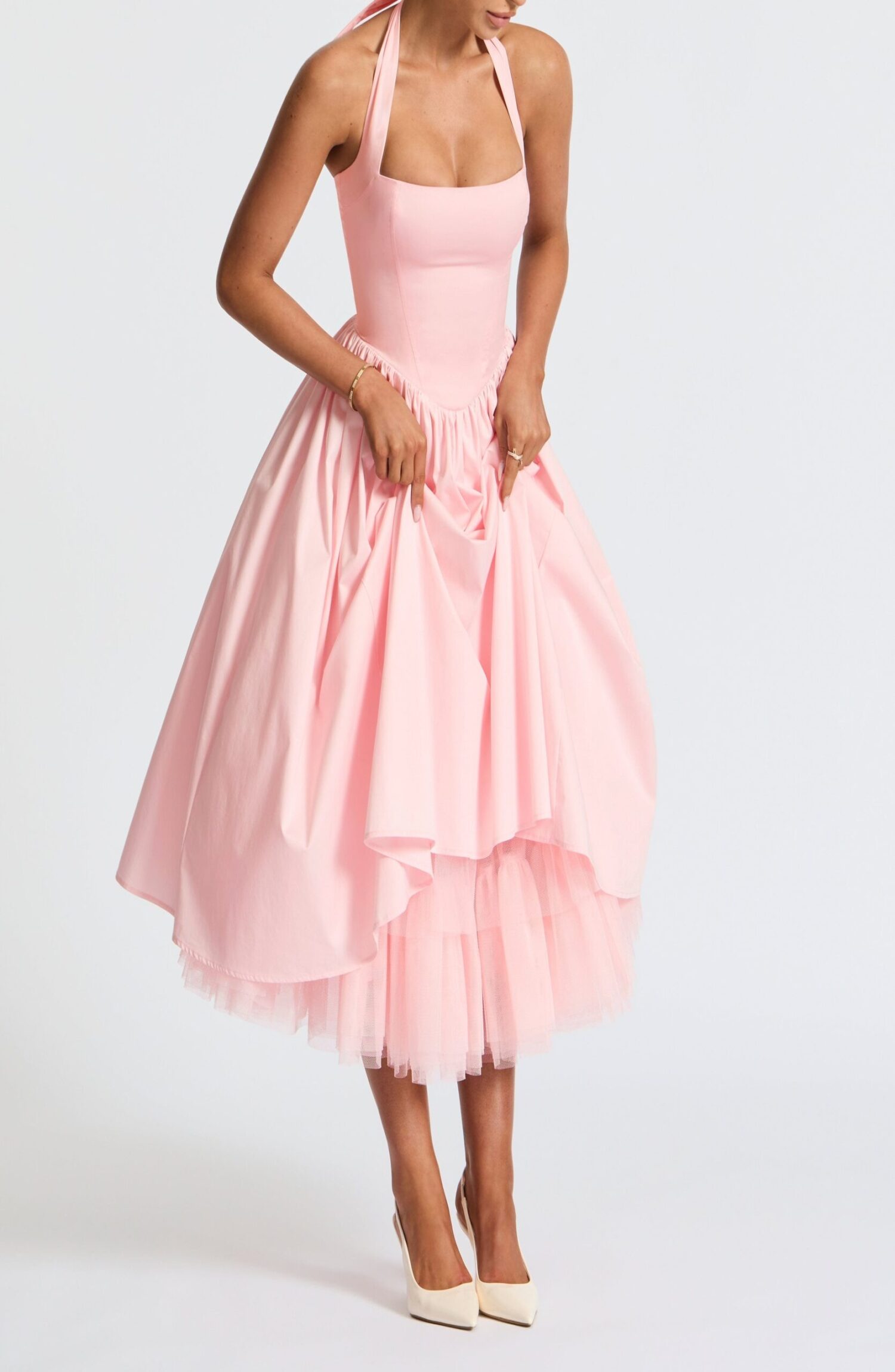 Blush Midi Halter Dress with Lace-Up Back & Full Skirt - Image 4