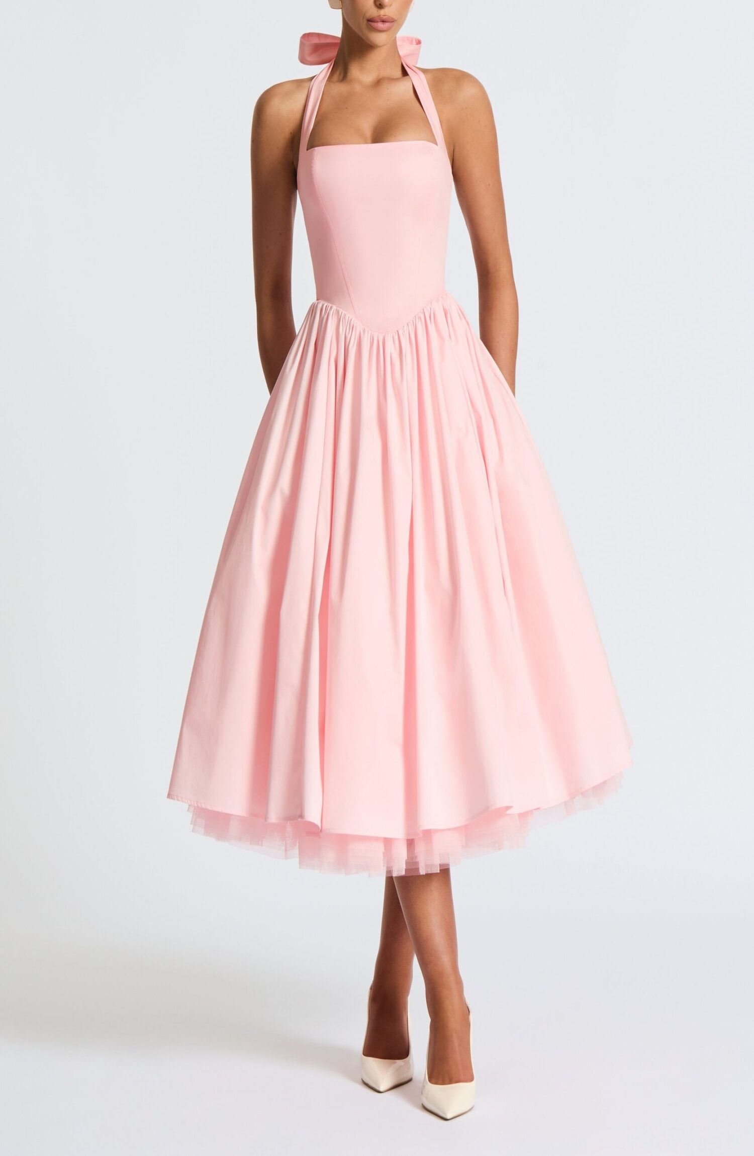 Blush Midi Halter Dress with Lace-Up Back & Full Skirt - Image 9