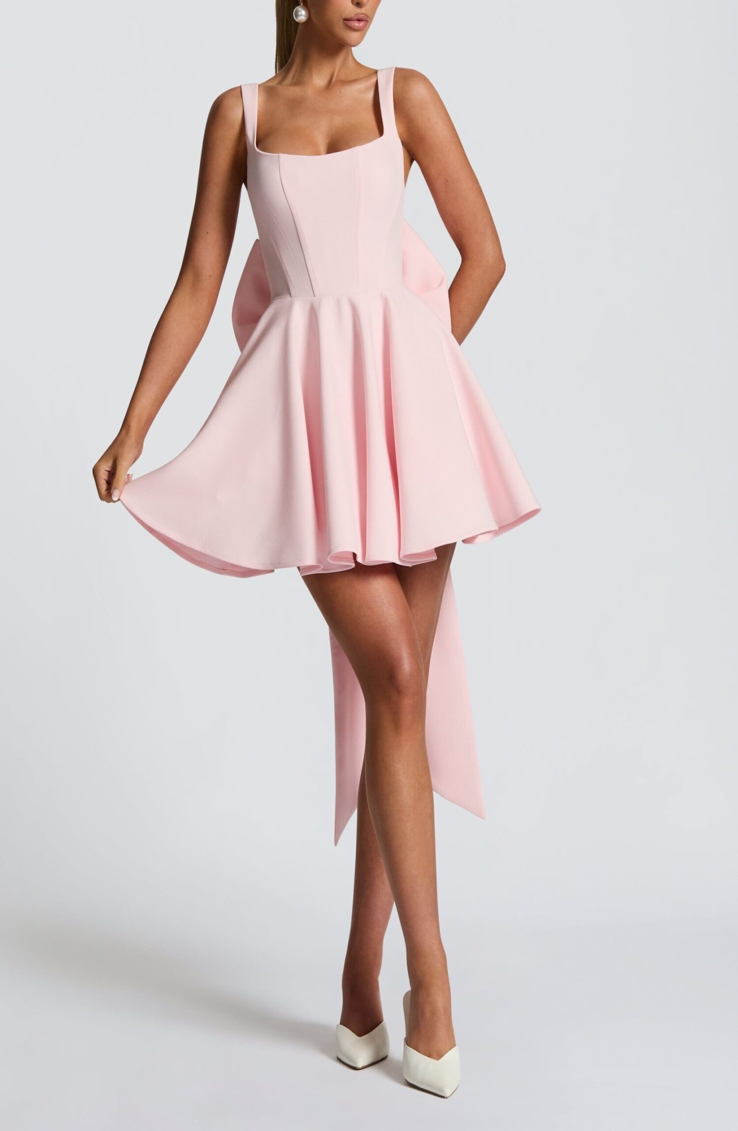 Blush Mini Dress Square Neck Boned Bodice Circle Skirt Bow Detail