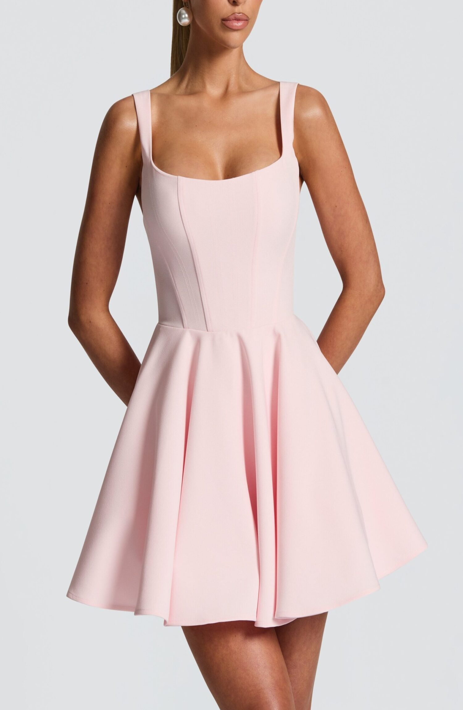 Blush Mini Dress Square Neck Boned Bodice Circle Skirt Bow Detail - Image 4