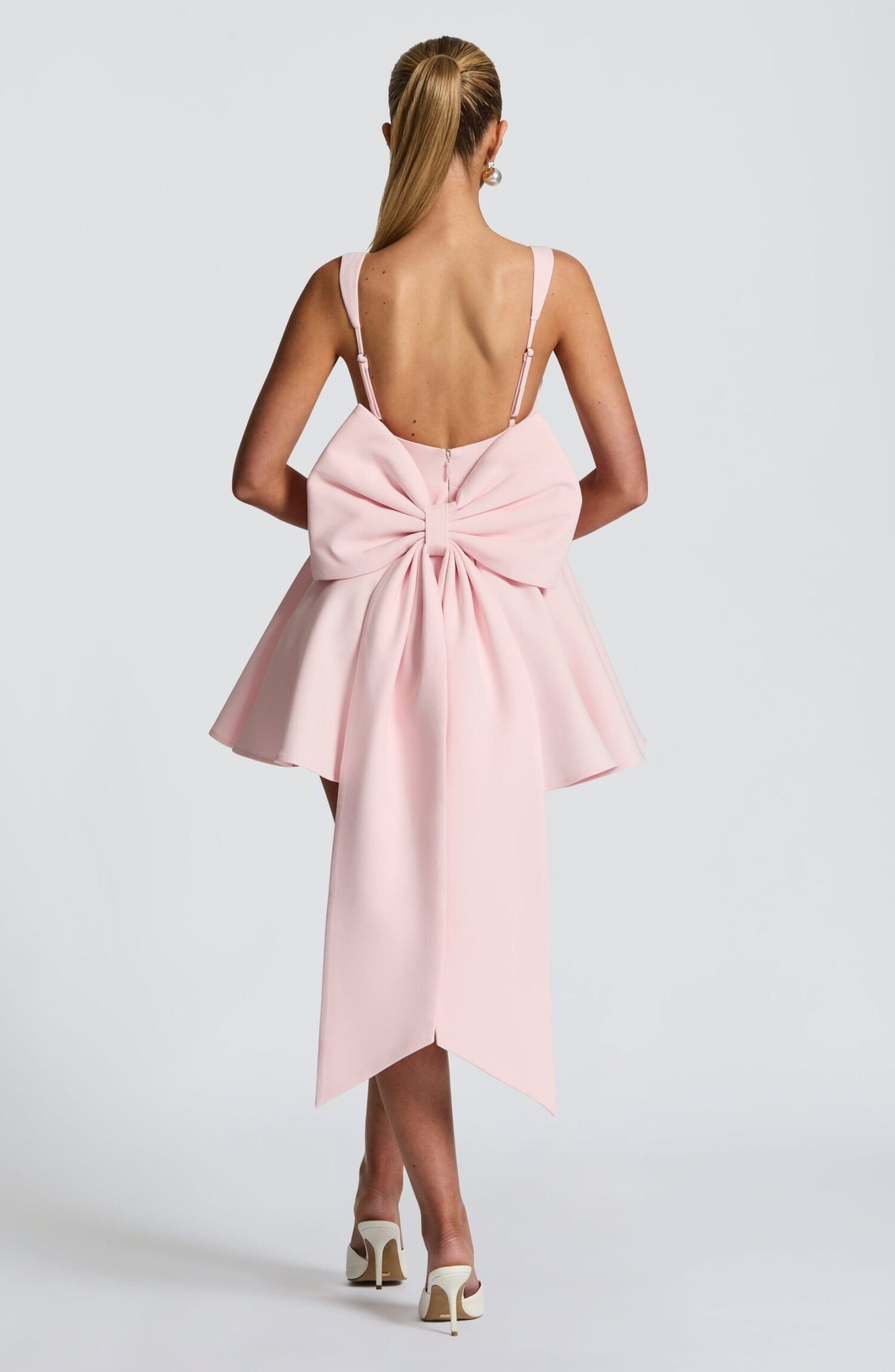 Blush Mini Dress Square Neck Boned Bodice Circle Skirt Bow Detail - Image 2