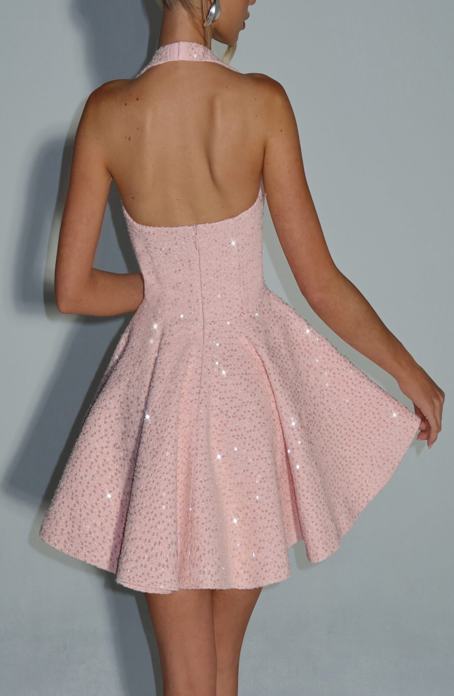 Blush Sequin Tweed Halterneck Mini Dress with Bow - Image 5