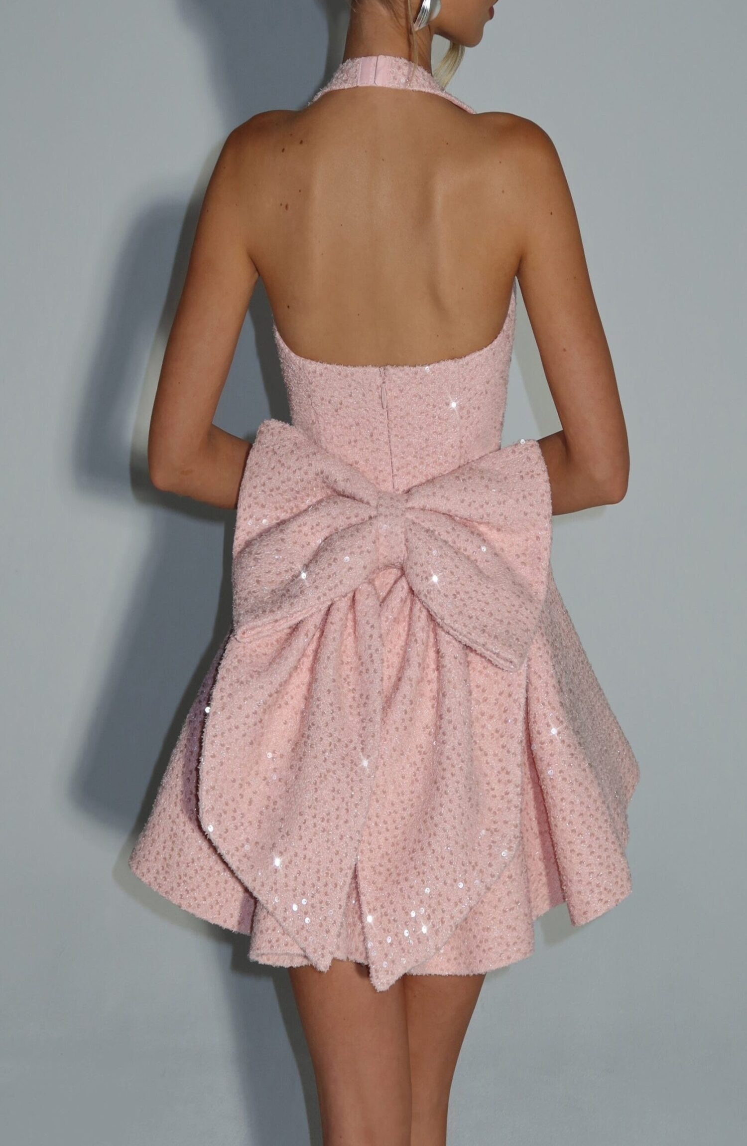 Blush Sequin Tweed Halterneck Mini Dress with Bow - Image 2