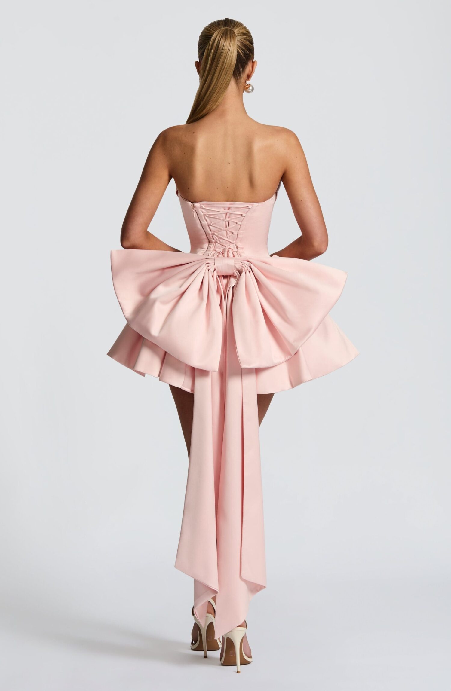 Blush Strapless Cowl Neck Mini Dress with Lace-Up Back & Bow - Image 2