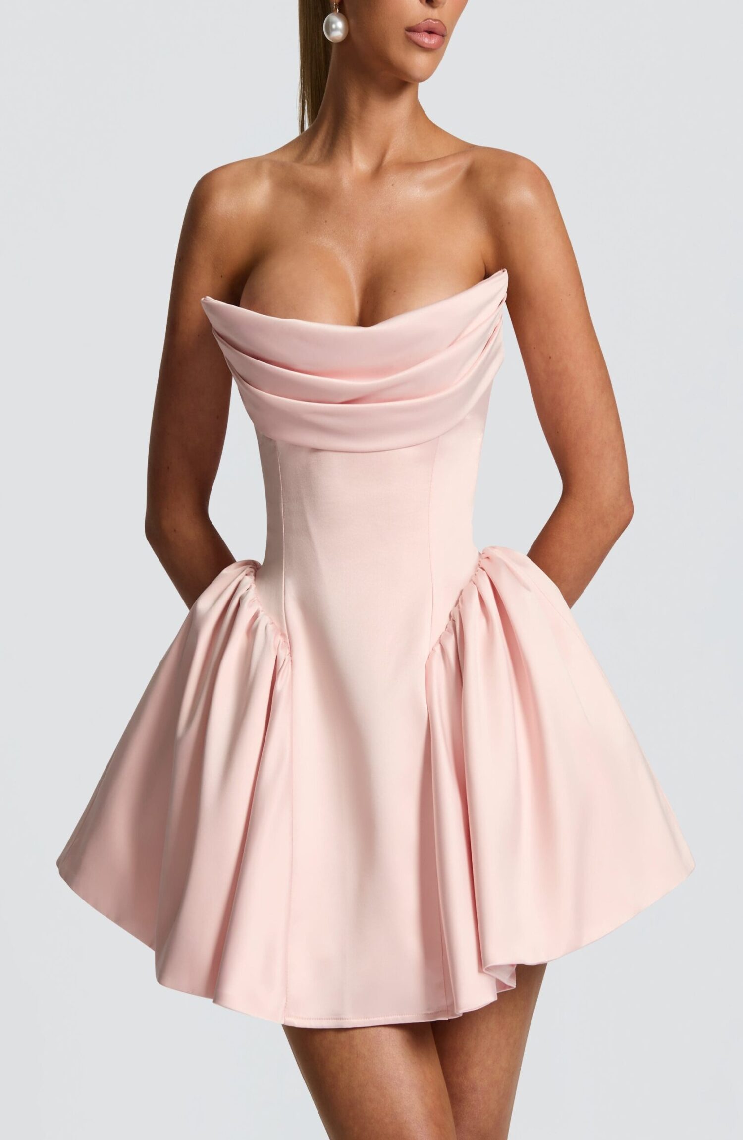 Blush Strapless Cowl Neck Mini Dress with Lace-Up Back & Bow - Image 7