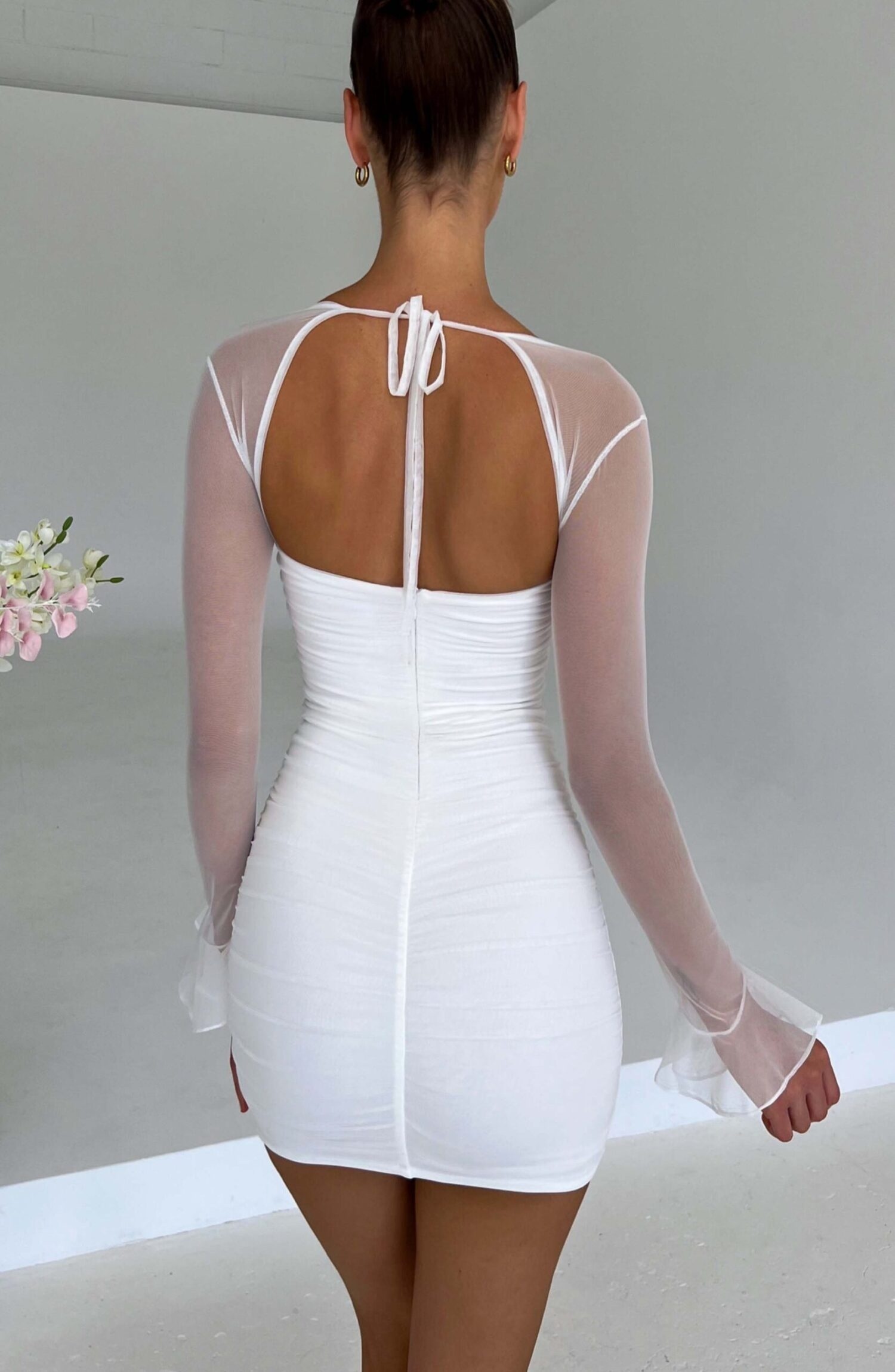 Brea White Ruched Mesh Mini Dress with Sheer Sleeves - Image 2